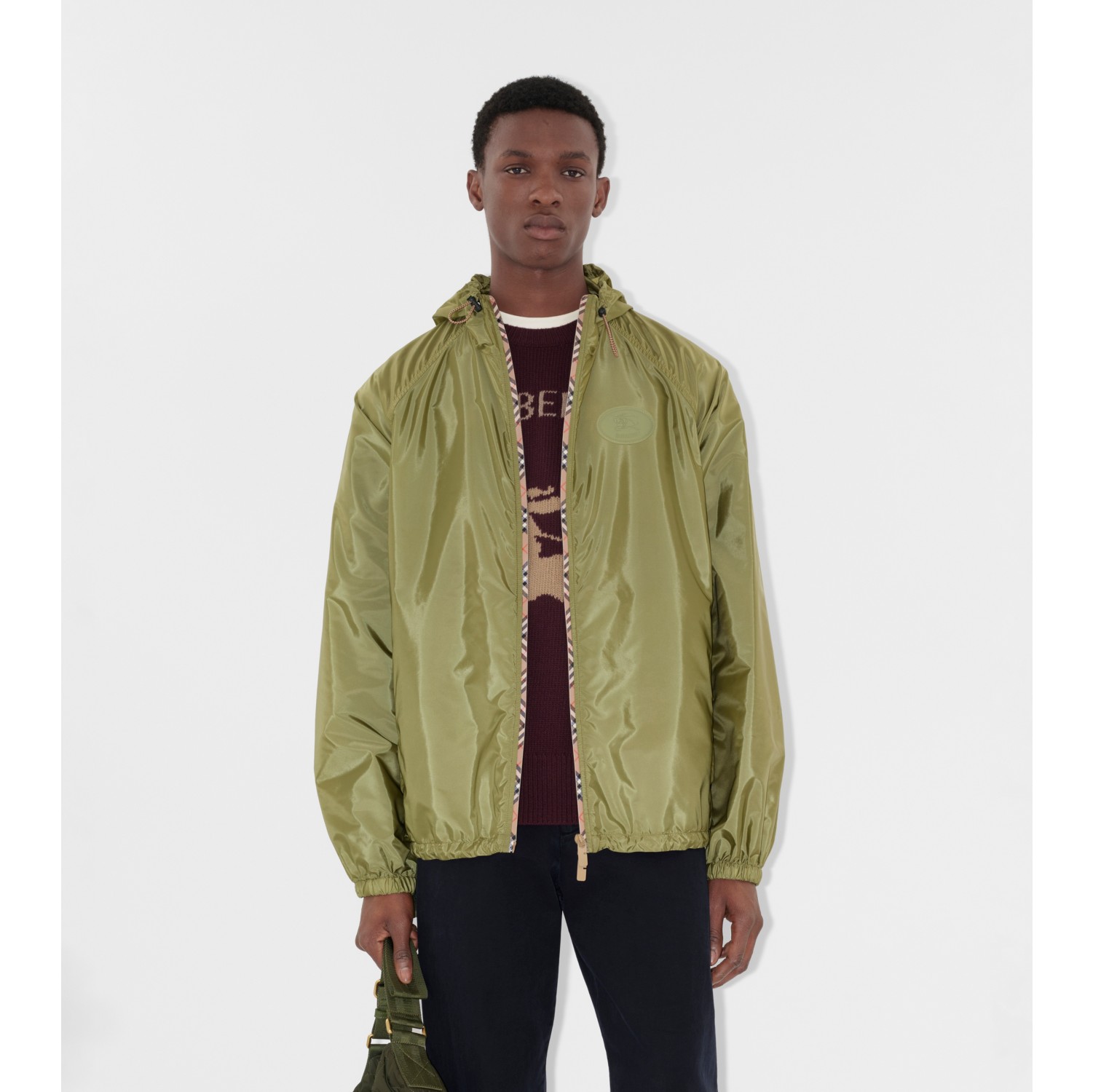 Check Trim Nylon Hooded Jacket