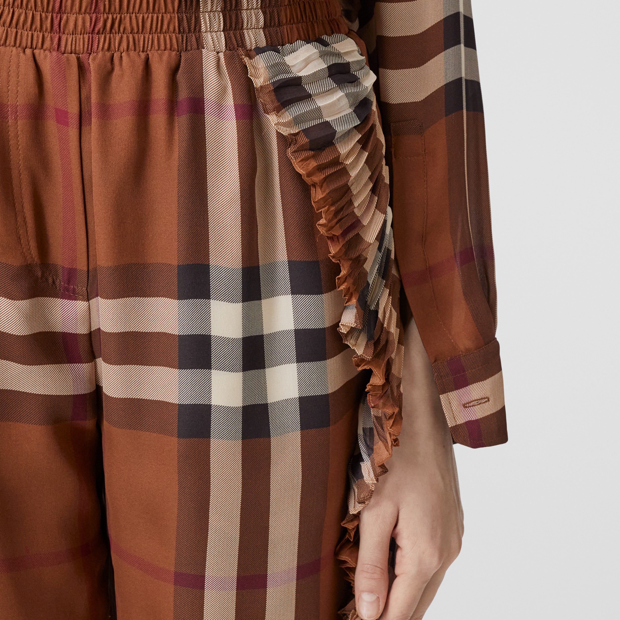 Pleated Ruffle Detail Check Silk Georgette Shorts in Dark Birch Brown - Women | Burberry® Official - 2