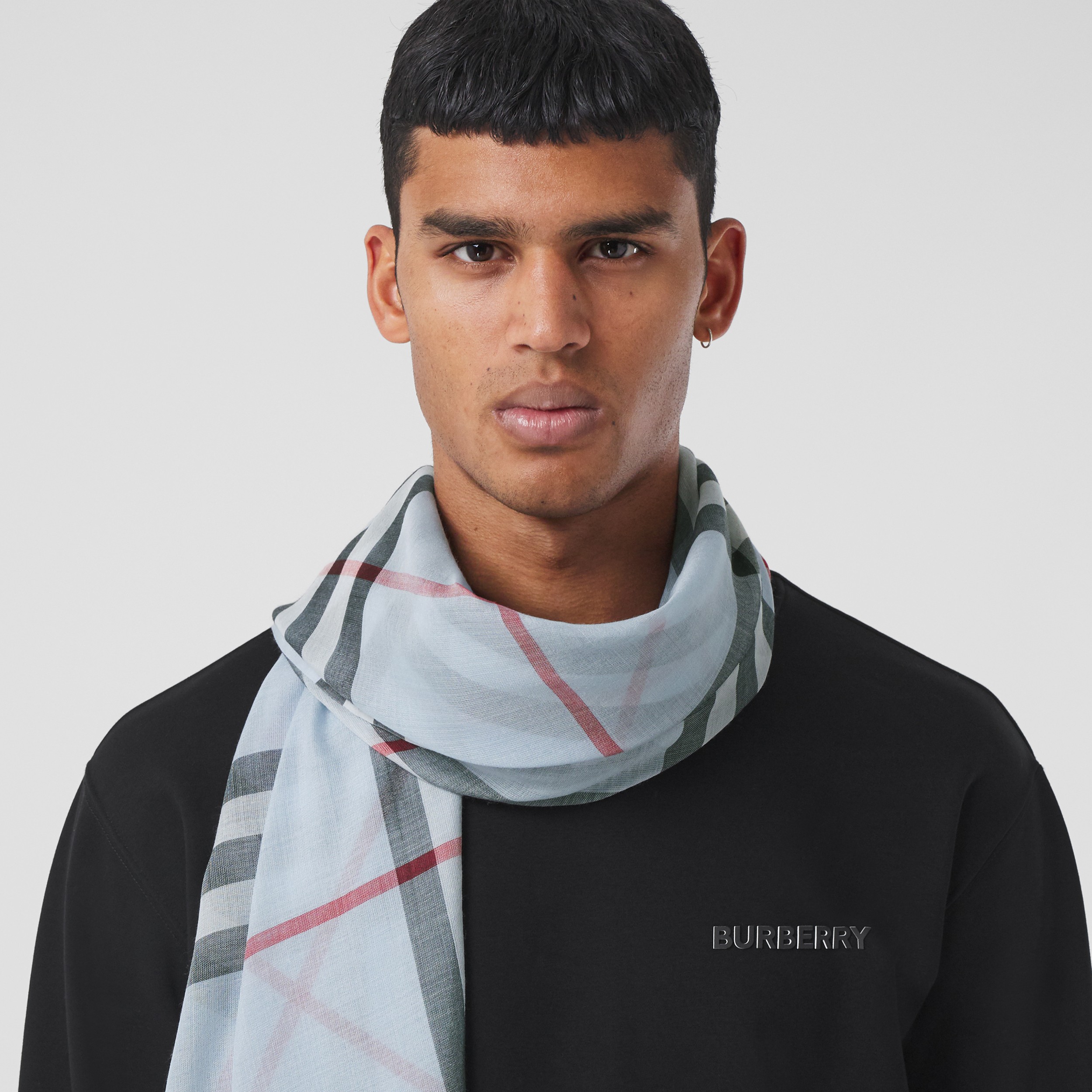 Lightweight Check Wool Silk Scarf in Pale Blue/black | Burberry® Official - 4
