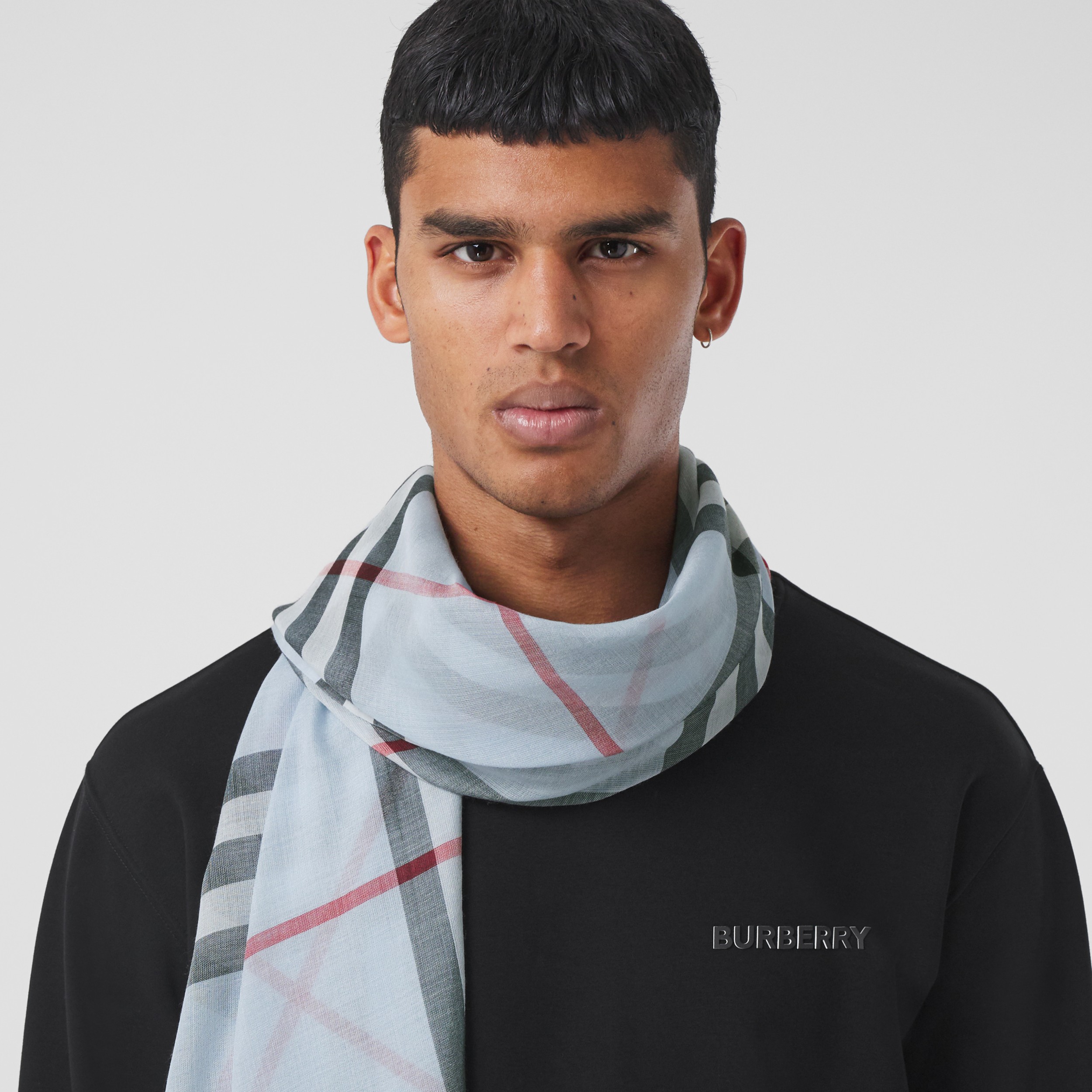Lightweight Check Wool Silk Scarf in Pale Blue/black Burberry® Official
