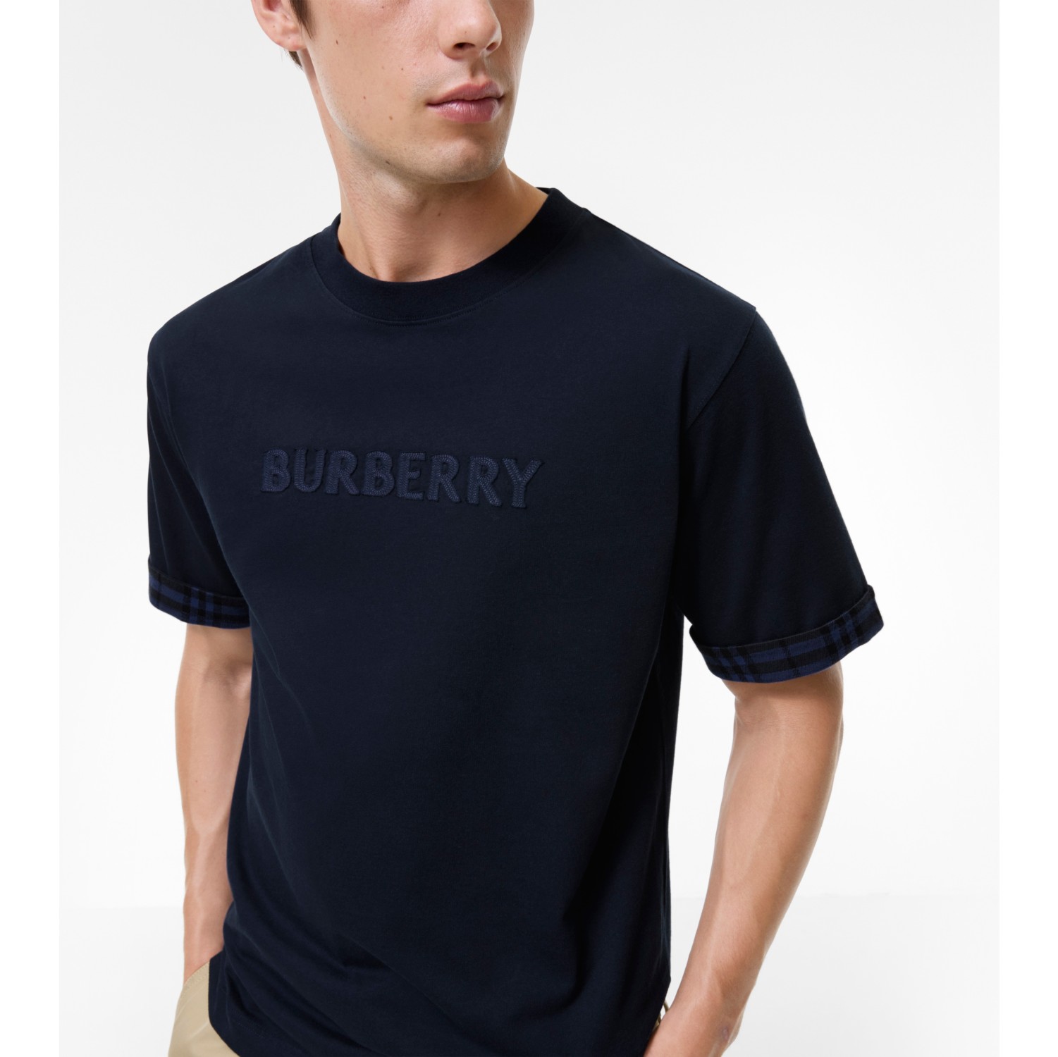 BURBERRY 肩チェックTシャツ チェックトリム コットンTシャツ (ネイビー) - メンズ | Burberry®公式