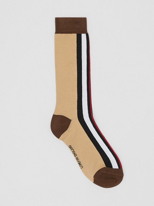 Burberry Stripe Intarsia Cotton Blend Socks In Bridle Brown