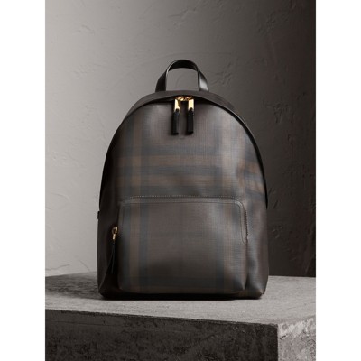 burberry leather trim london check backpack