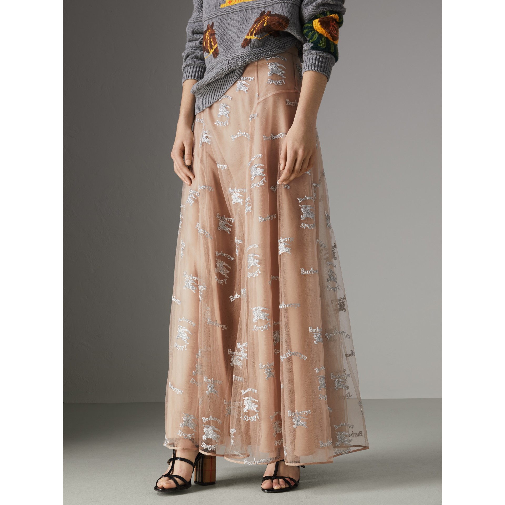 BURBERRY Equestrian Knight Embroidered Tulle Skirt