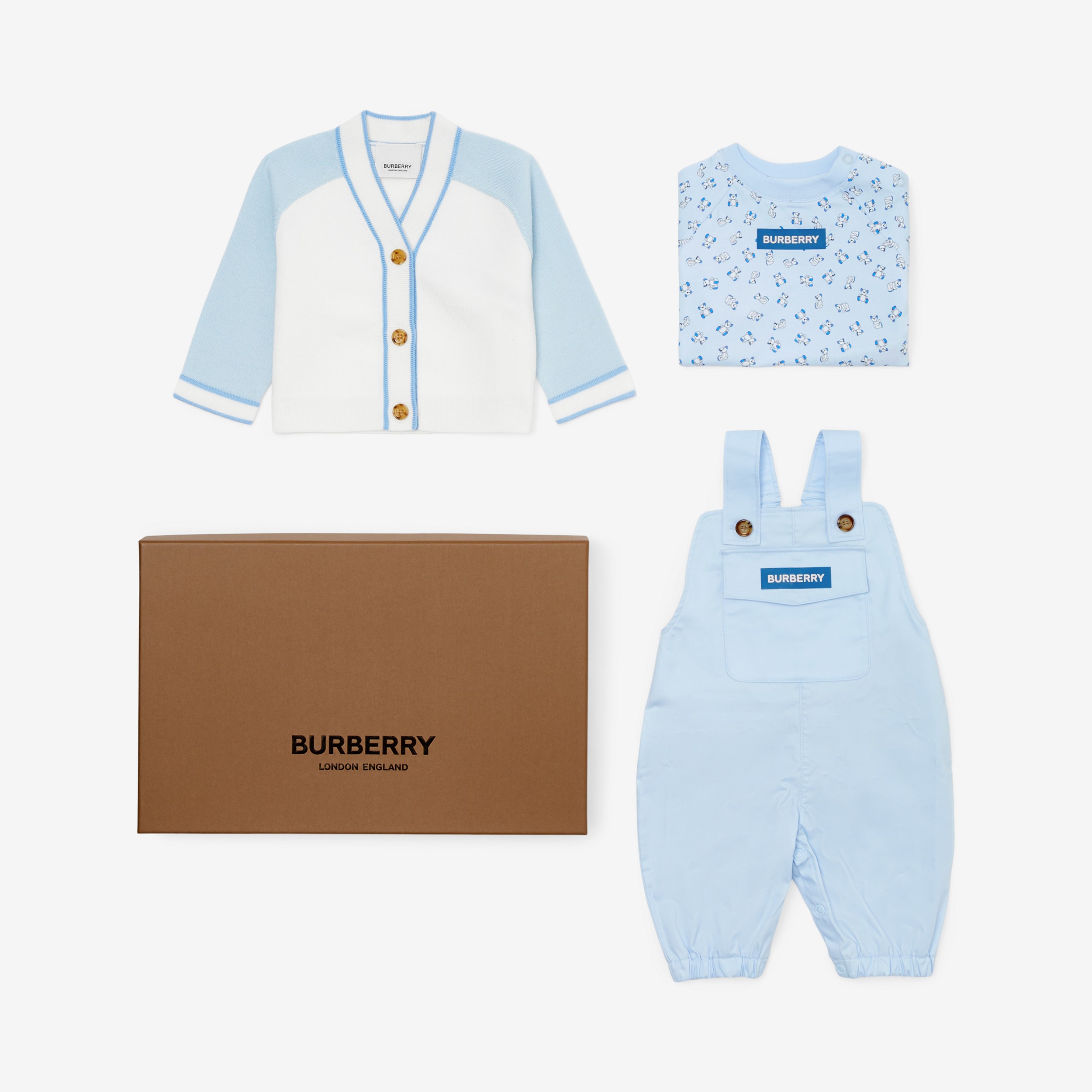 Conjunto de regalo para bebé de tres piezas en algodón con ositos Thomas (Azul Pálido) - Niños | Burberry® oficial - 1