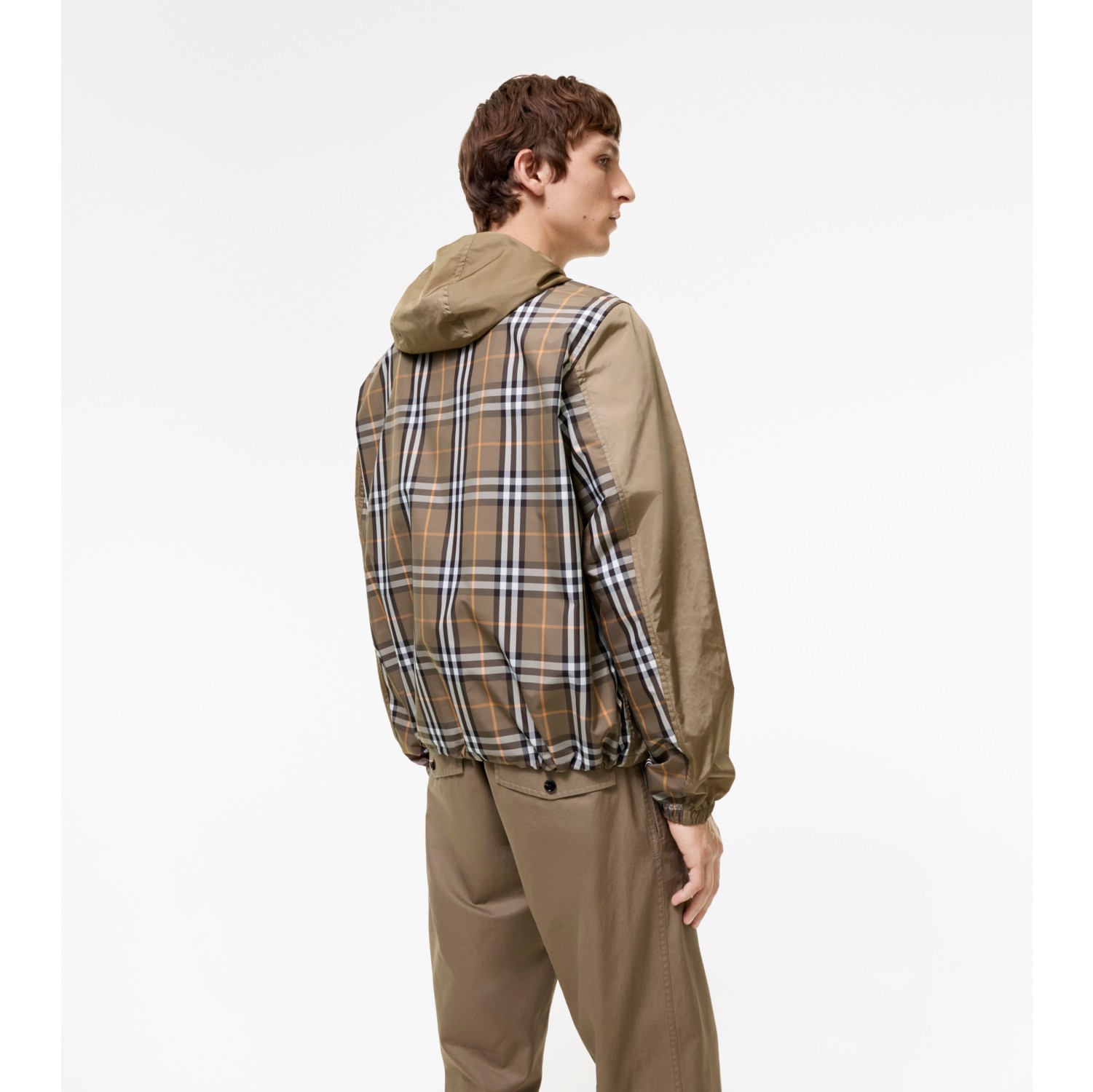 Check Trim Nylon Newport Hooded Jacket in Finch brown - Men