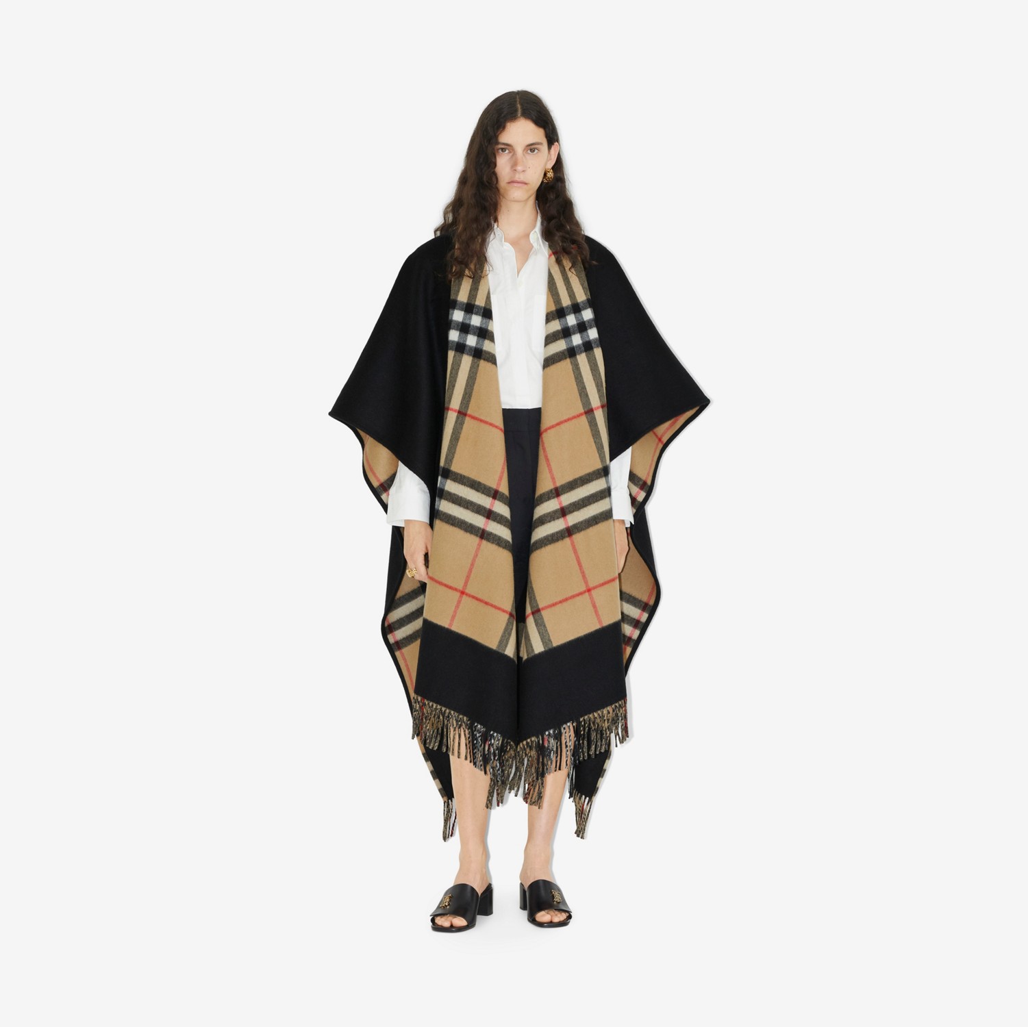 Reversible Check Wool Cashmere Cape