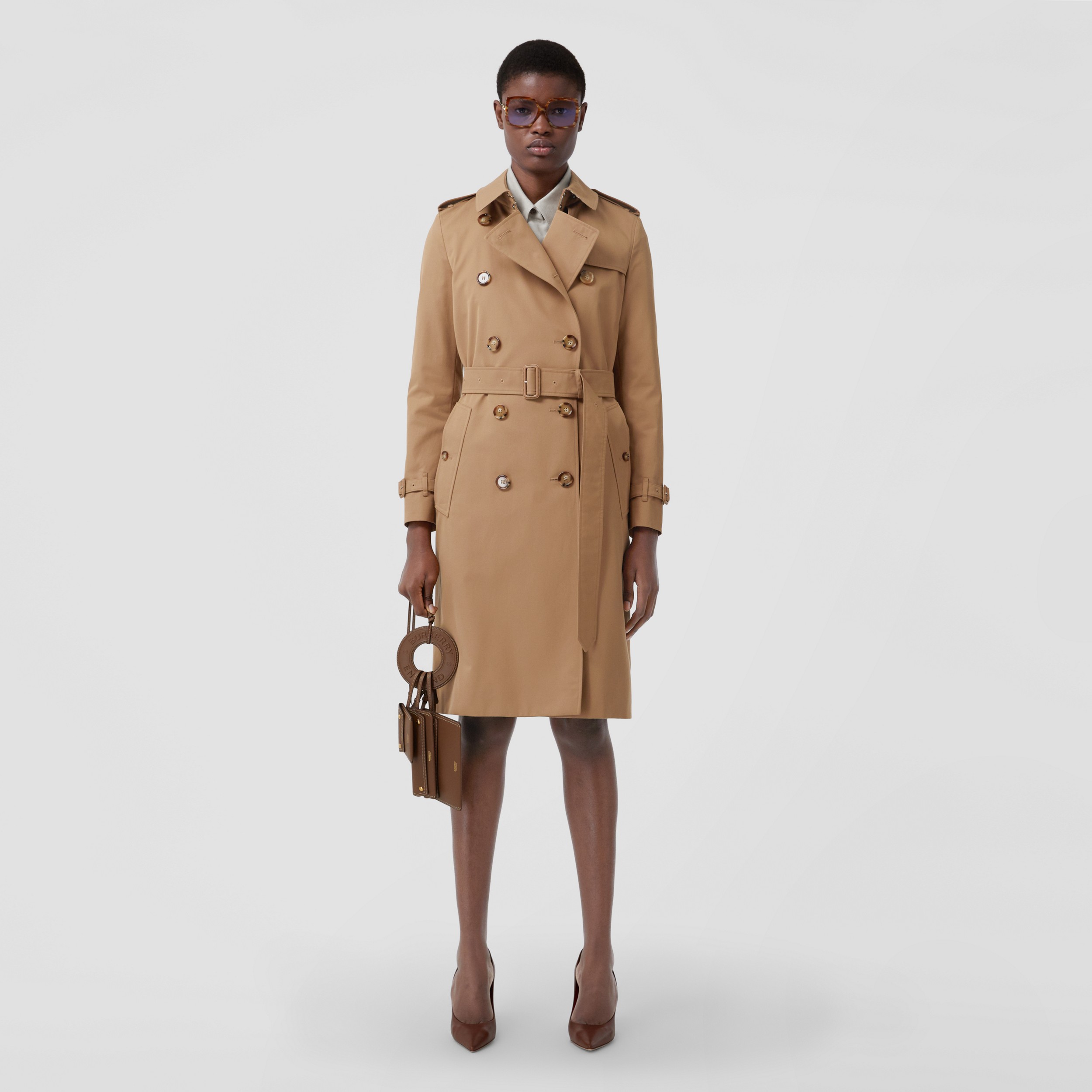 Logo Graphic Cotton Gabardine Trench Coat in Camel - Women | Burberry® Official - 1