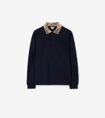 Long-sleeve Check Collar Cotton Polo Shirt in Navy - Men