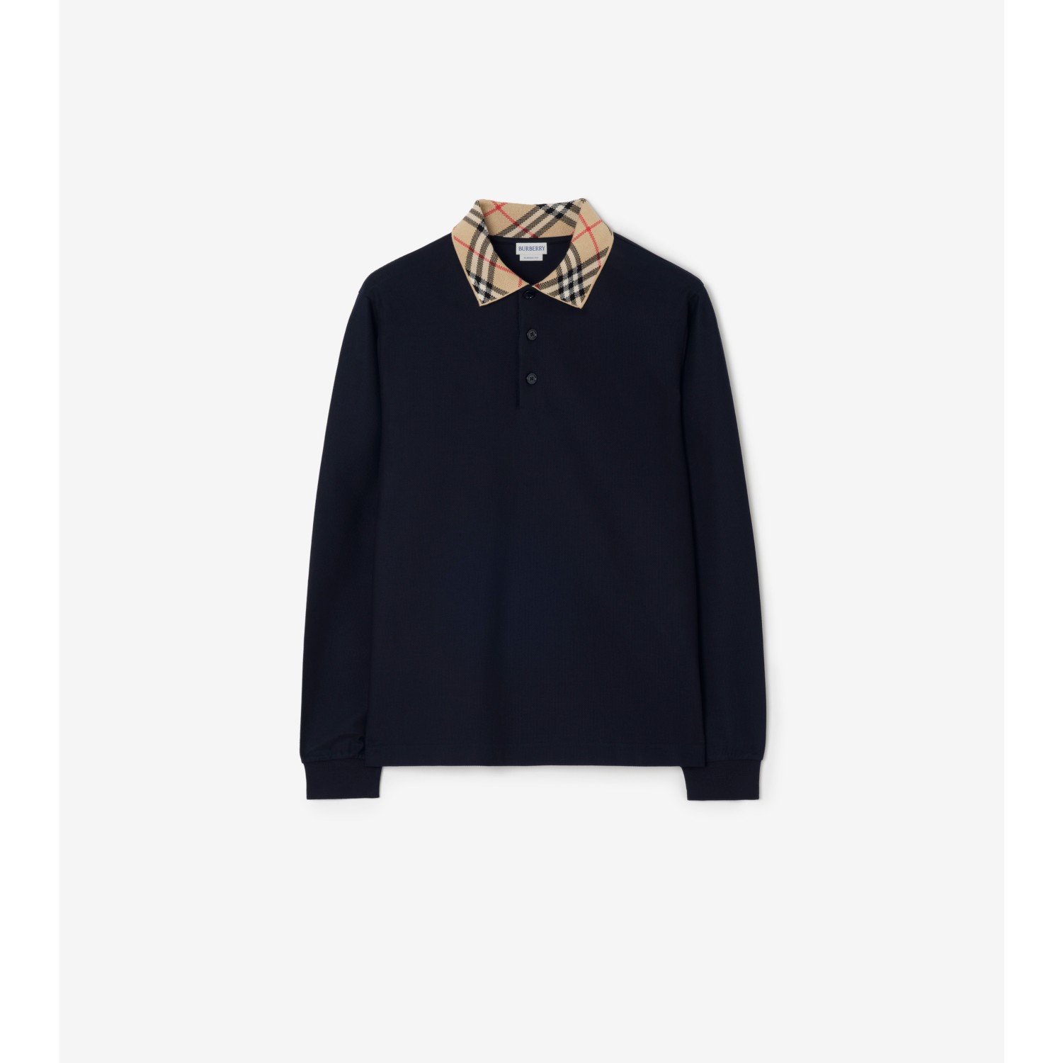Long-sleeve Check Collar Cotton Polo Shirt