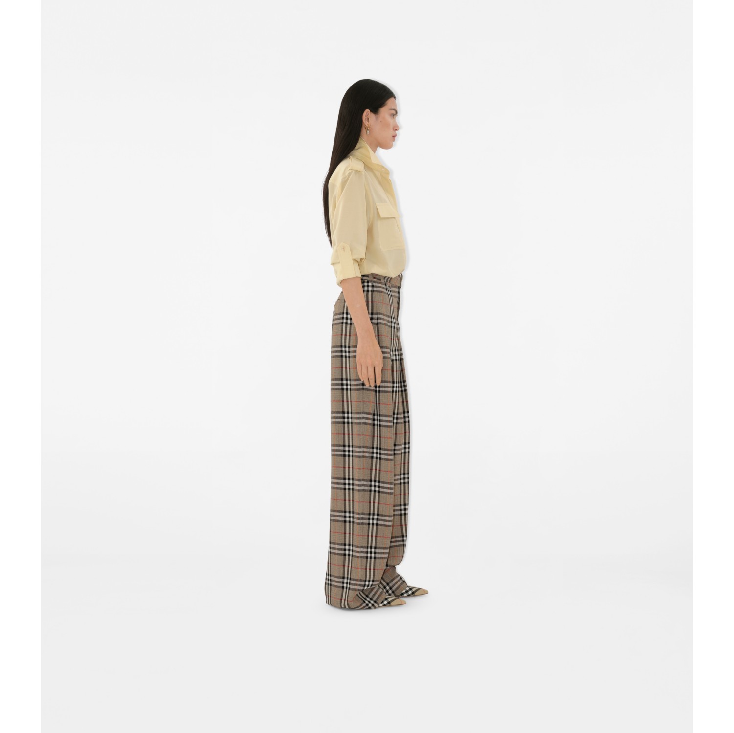 Pantalon ceinturé en soie mélangée Check