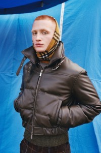 Model wearing Leather Puffer Jacket in Heath, with Burberry Check Cashmere Scarf in Acre