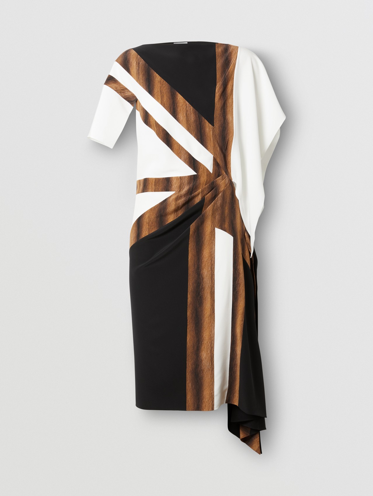 Flag Print Silk Crepe de Chine Asymmetric Dress in Black