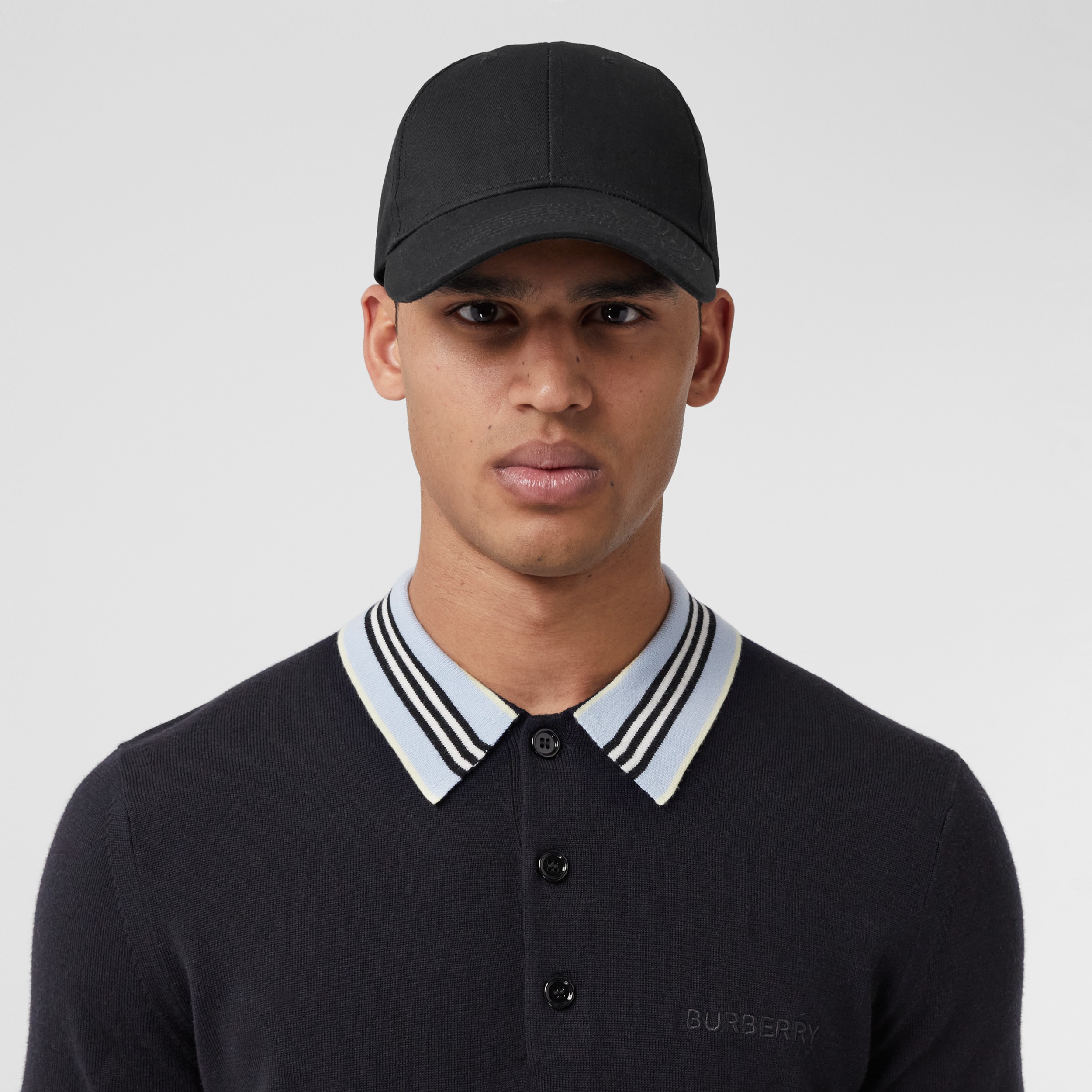 Icon Stripe Detail Wool Polo Shirt in Coal Blue Men Burberry® Official