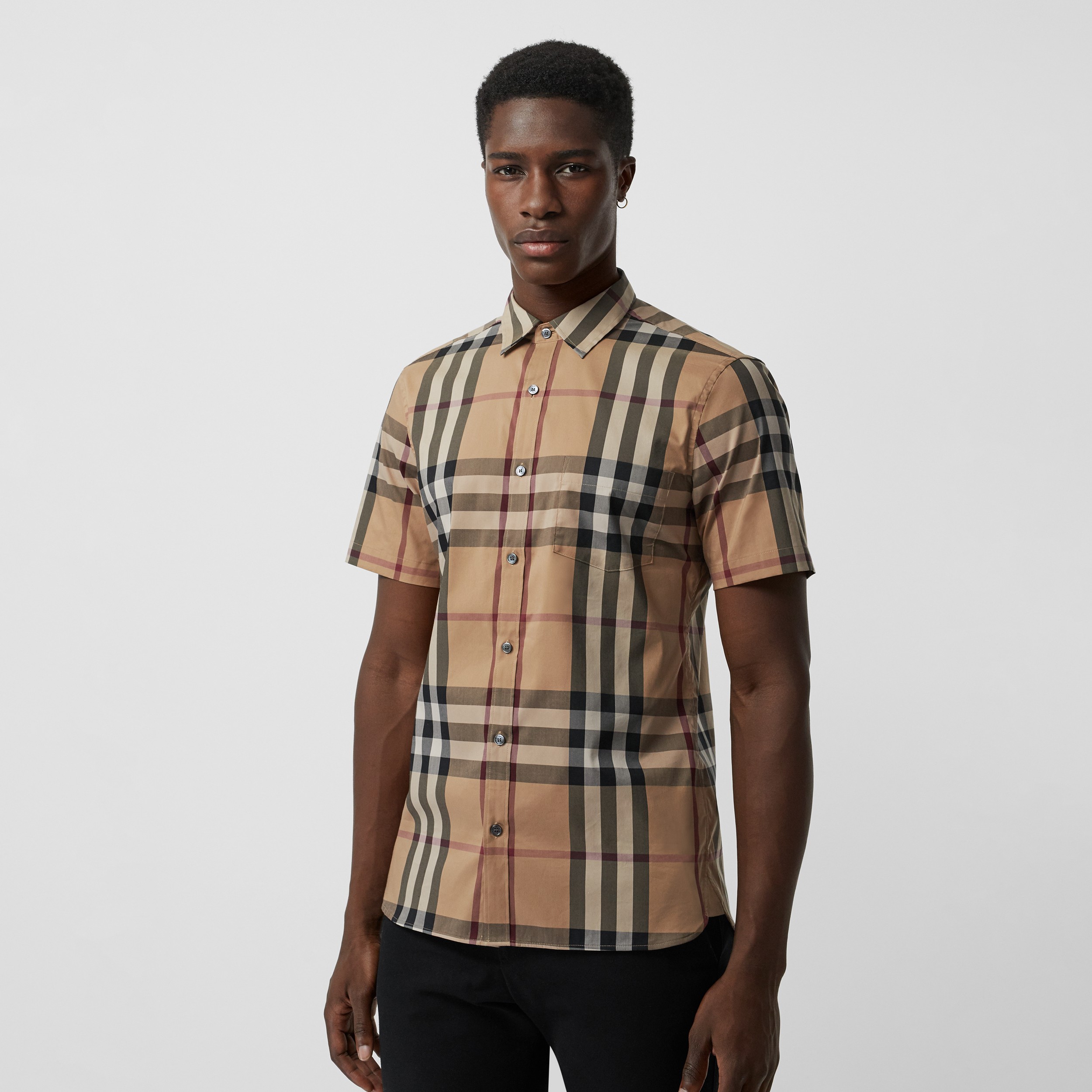 Short-sleeved Check Stretch Cotton Shirt in Camel - Men | Burberry ...