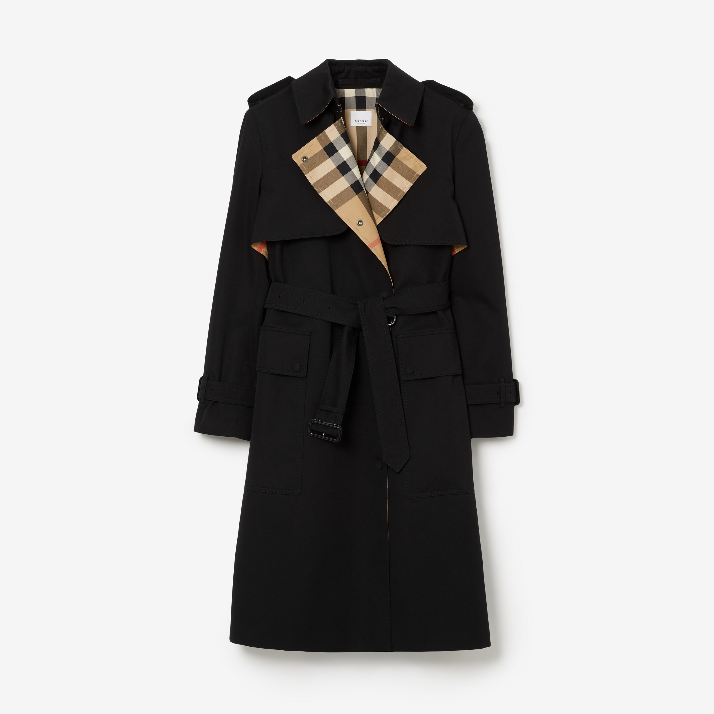 Trench coat en algodón de gabardina con paneles a cuadros (Negro) - Mujer | Burberry® oficial - 1