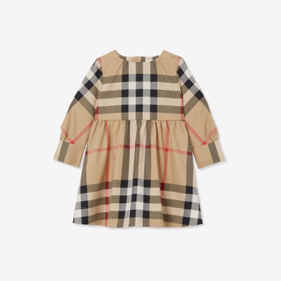 Long-sleeve Check Stretch Cotton Dress in Archive Beige - Children |  Burberry® Official