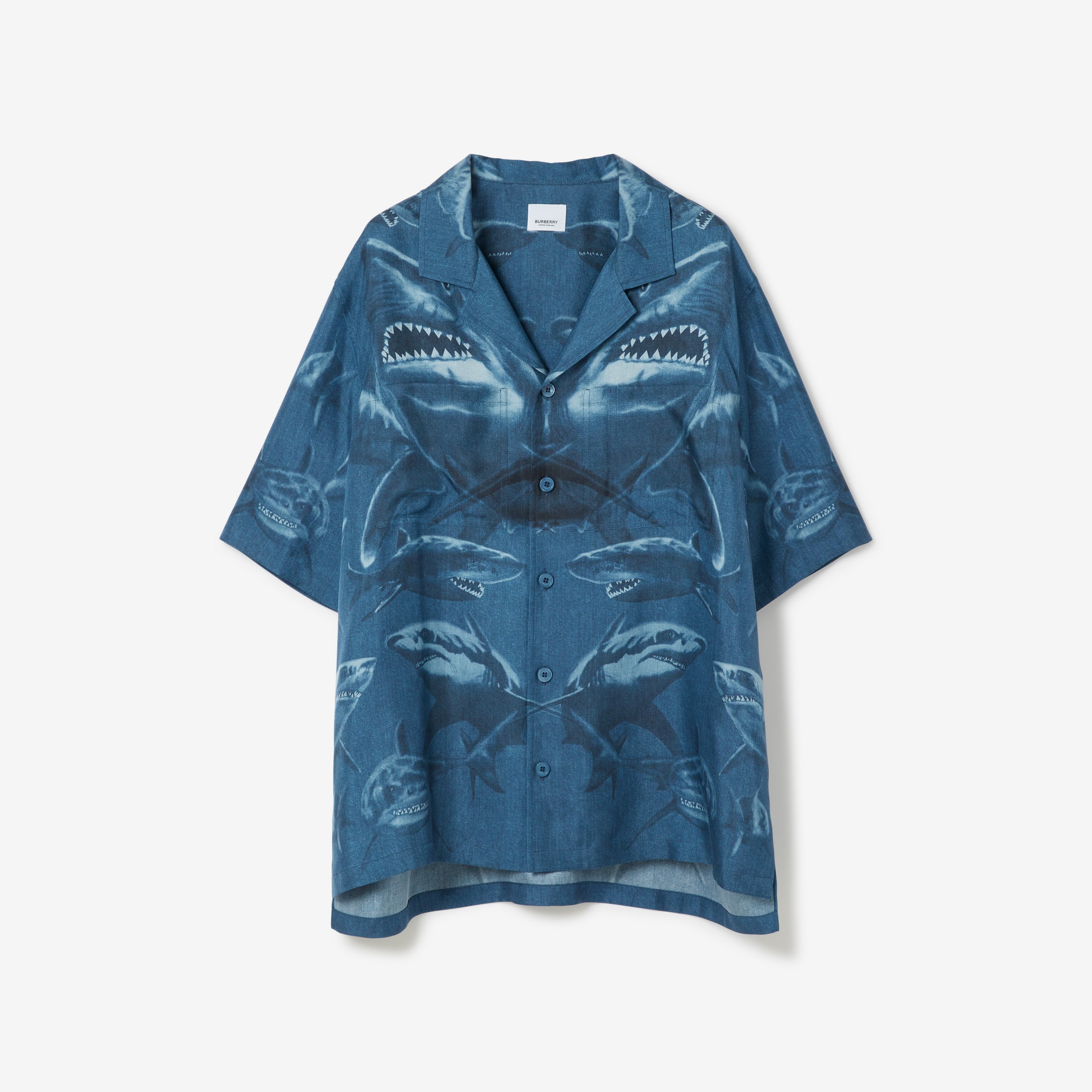 Shark Print Silk Pyjama Shirt in Rich Navy - Men | Burberry® Official - 1