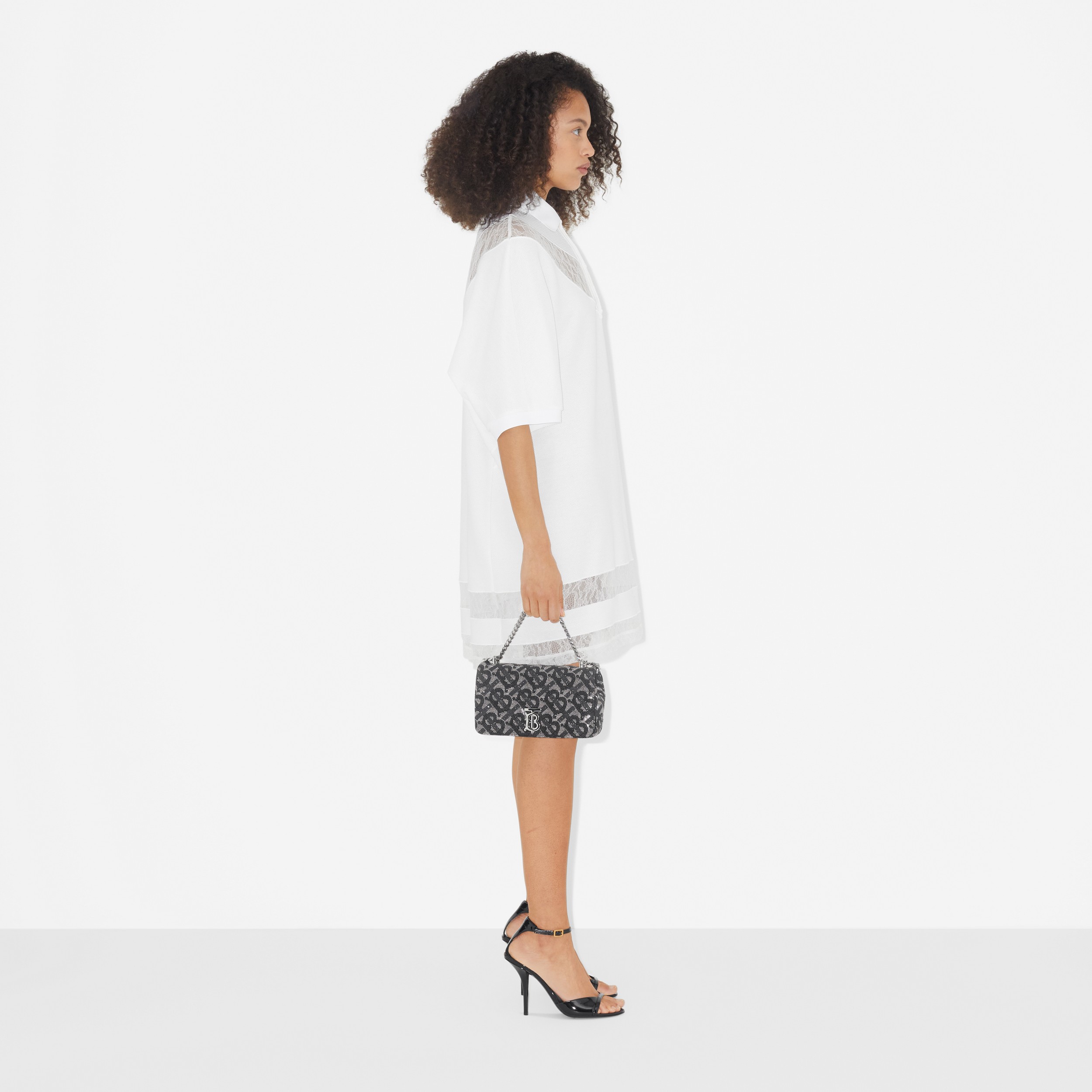 Lace Panel Cotton Piqué Polo Shirt Dress in Optic White - Women | Burberry® Official - 3