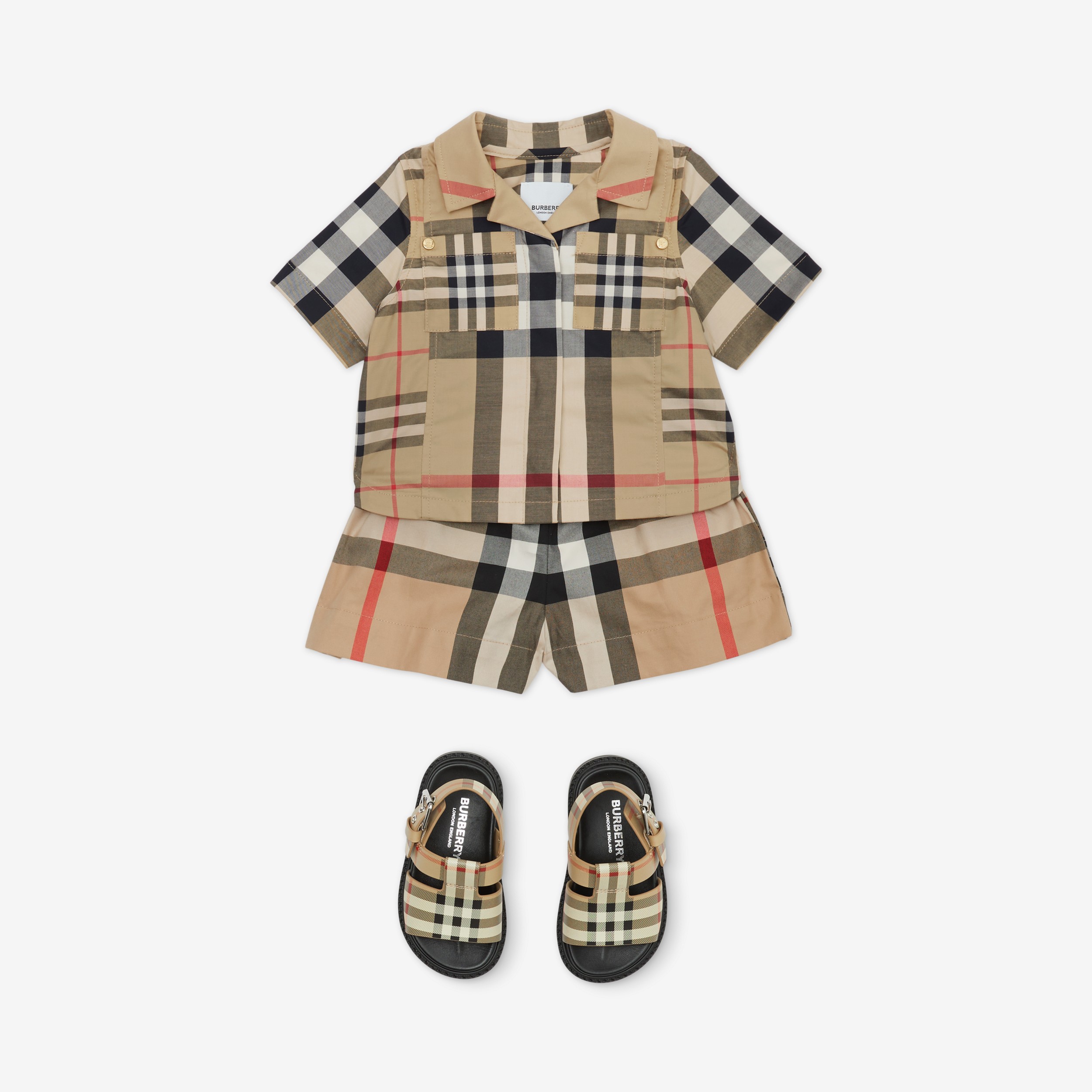 Camisa de mangas curtas em algodão stretch com patchwork xadrez (Bege Clássico) - Crianças | Burberry® oficial - 4
