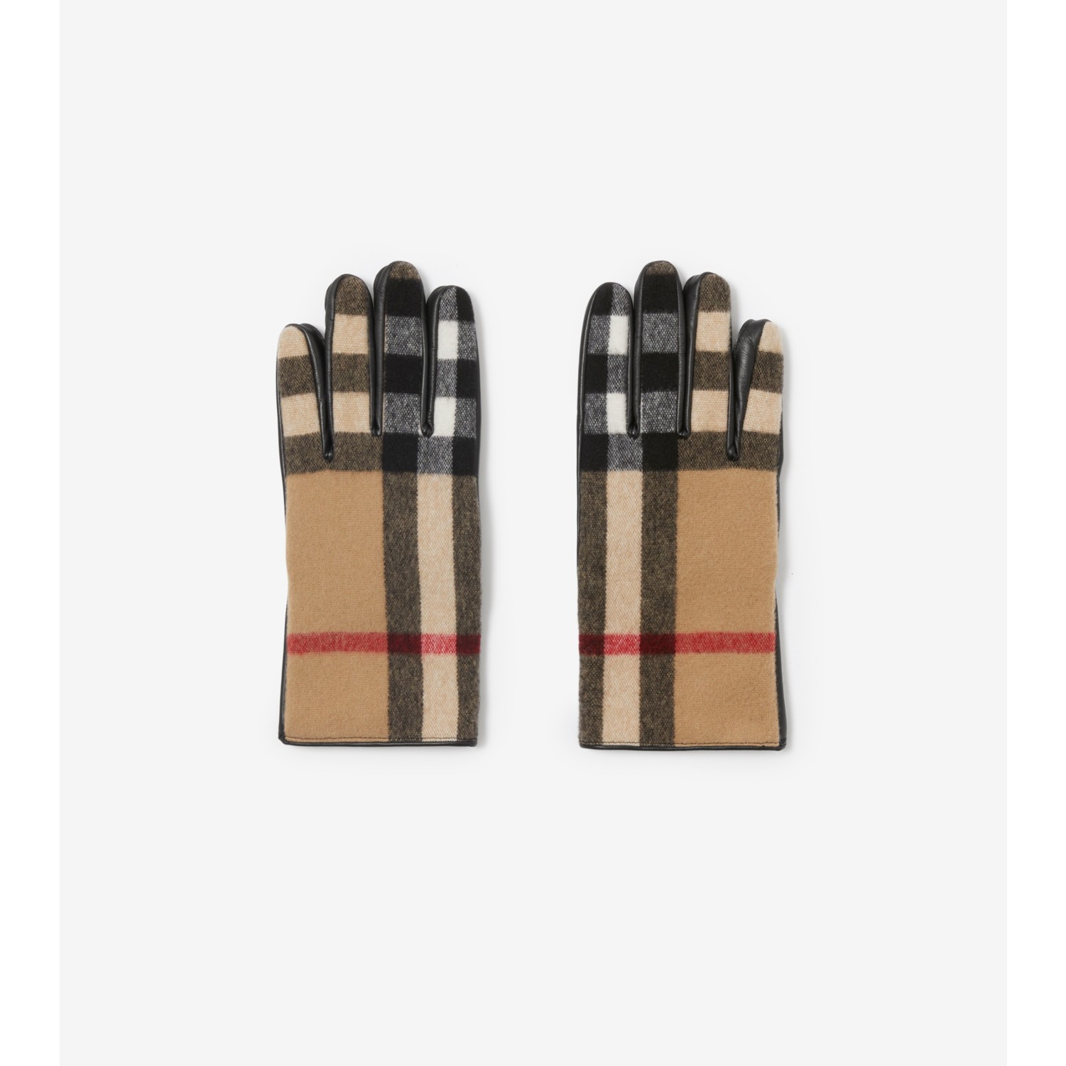 Exaggerated Check Wool and Leather Gloves in Archive beige Men Burberry Official