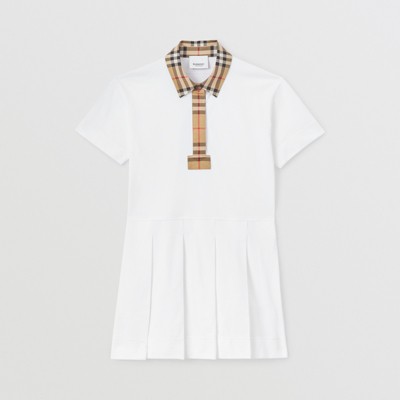 Shop Burberry Childrens Vintage Check Trim Cotton Piqué Polo Shirt Dress In White