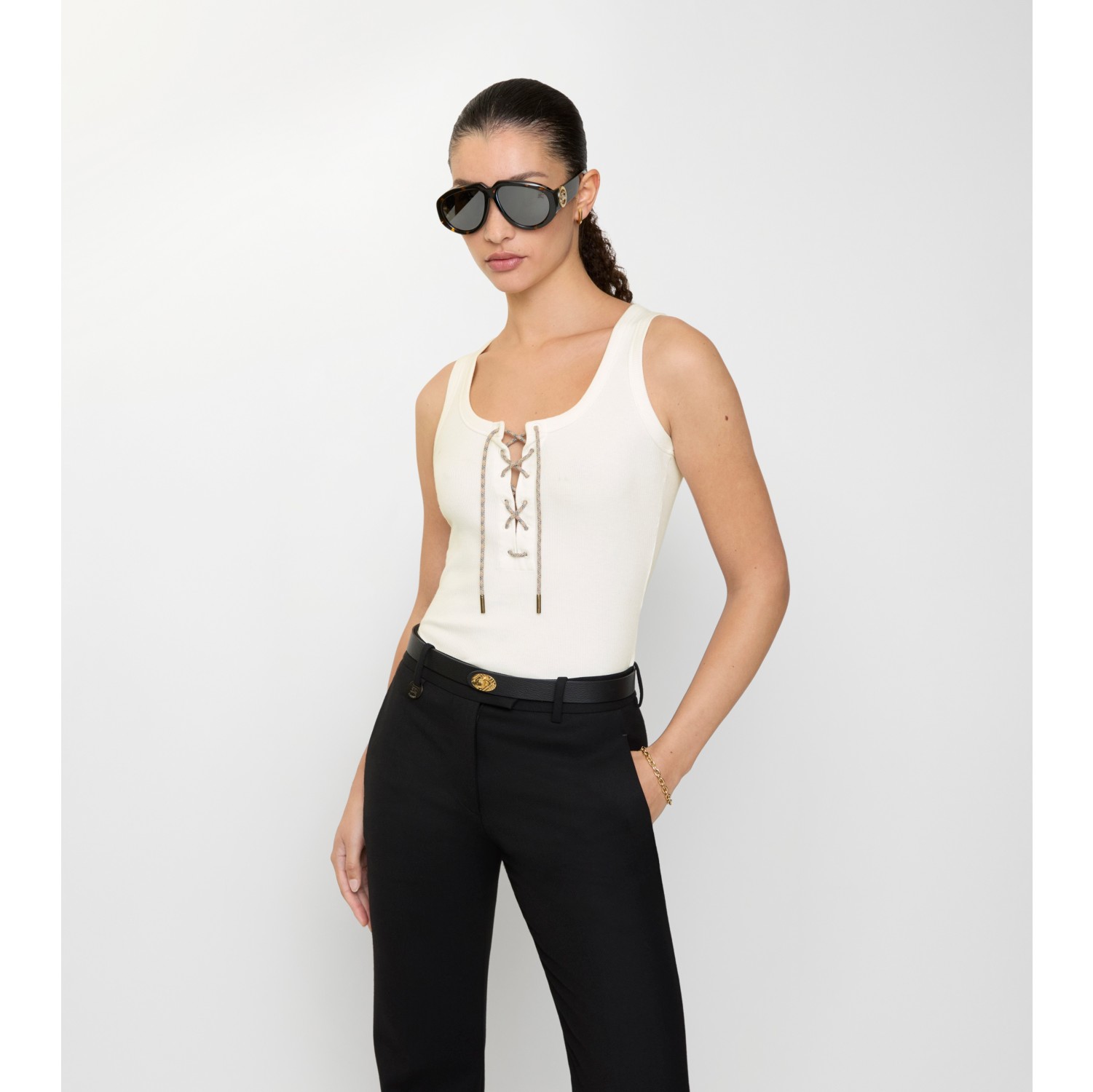 Check Trim Cotton Blend Tank Top