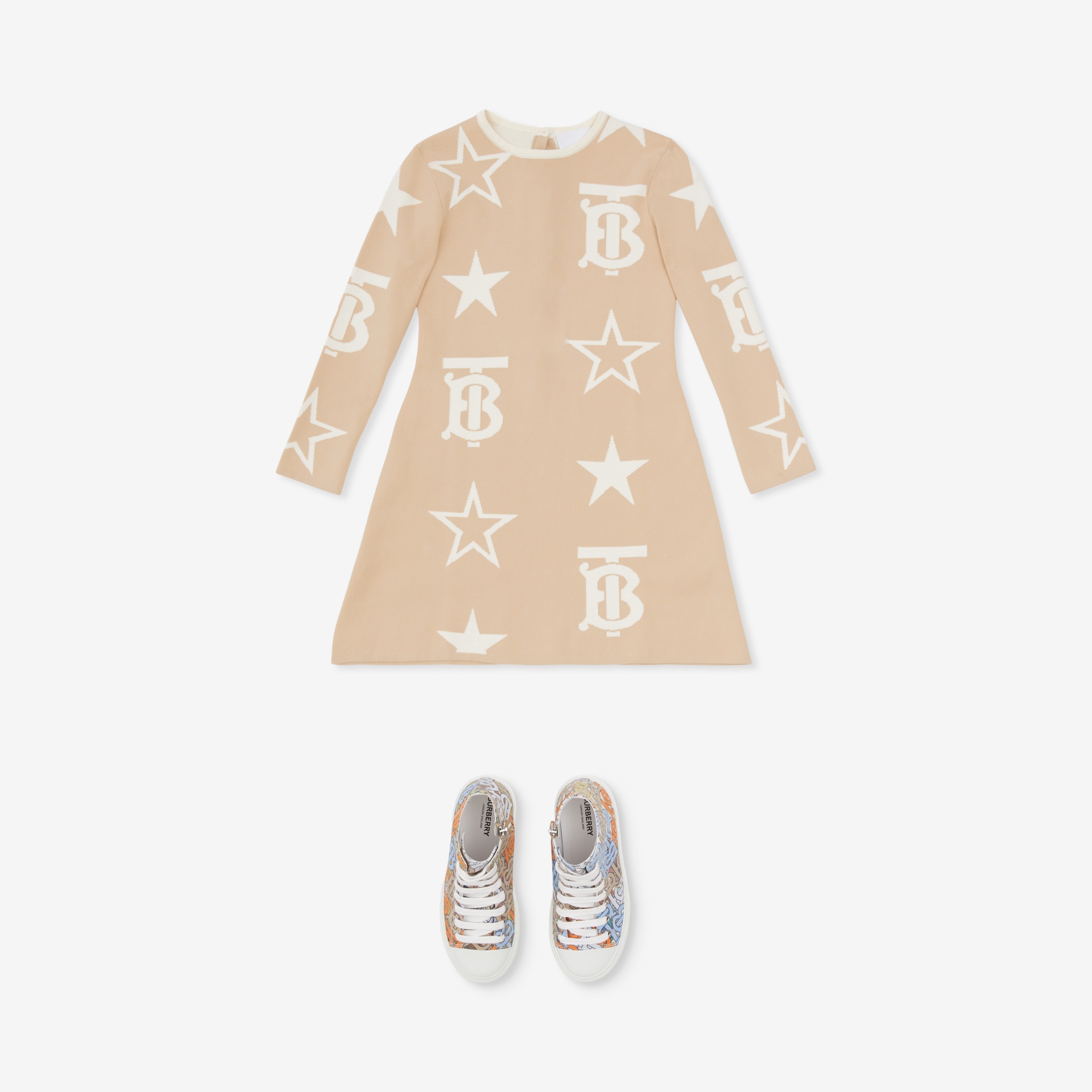 TB Star Cotton Blend Jacquard Dress in Almond Beige | Burberry® Official - 3