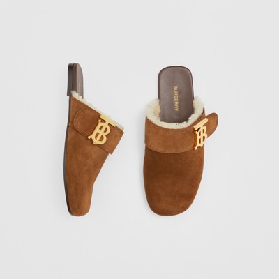 Monogram Detail Shearling-lined Suede Mules