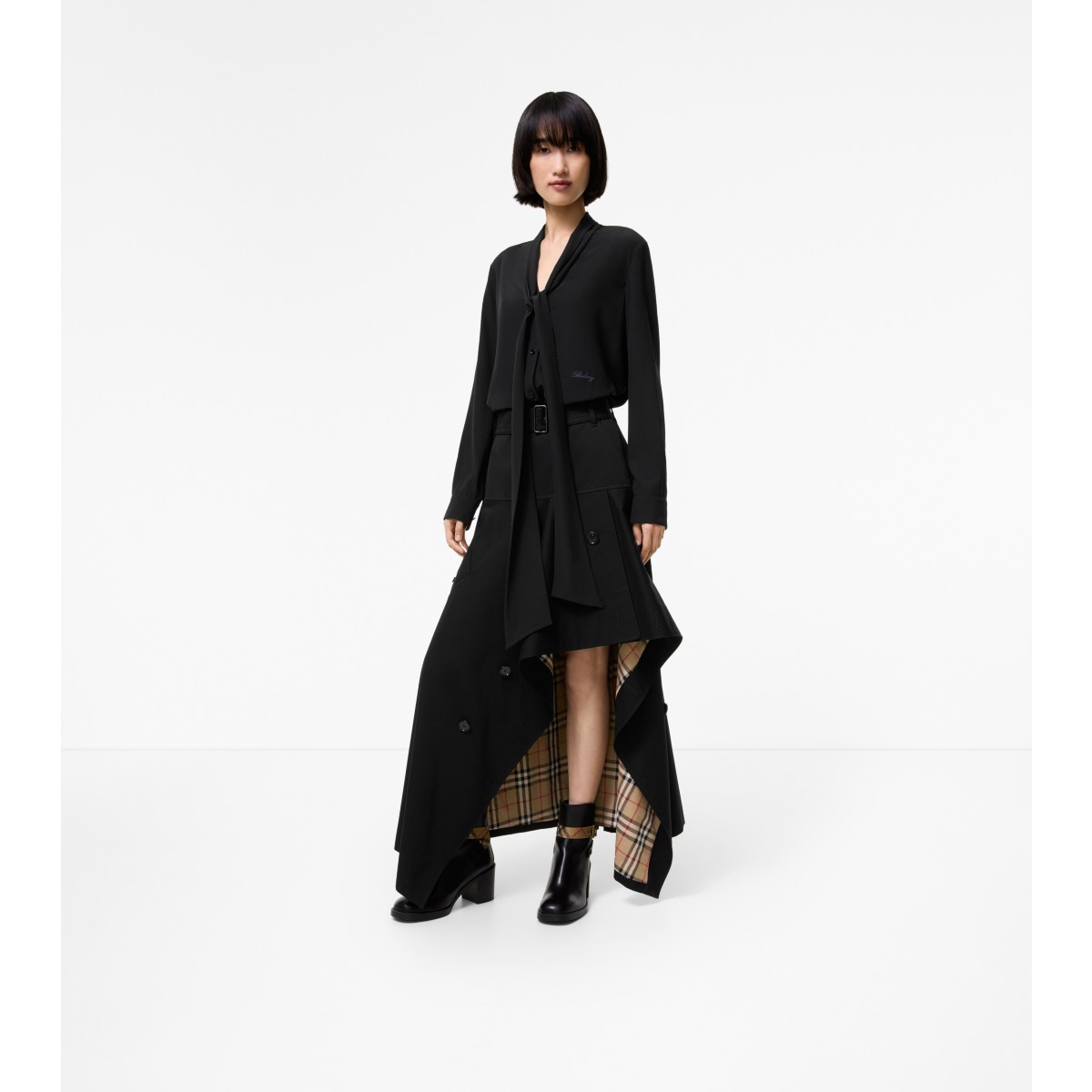  Check Gabardine Asymmetric Trench Skirt