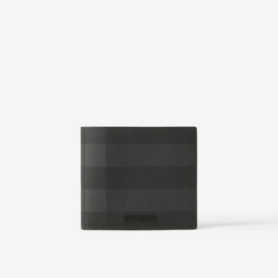 Burberry Check And Leather Bifold Wallet In Charcoal