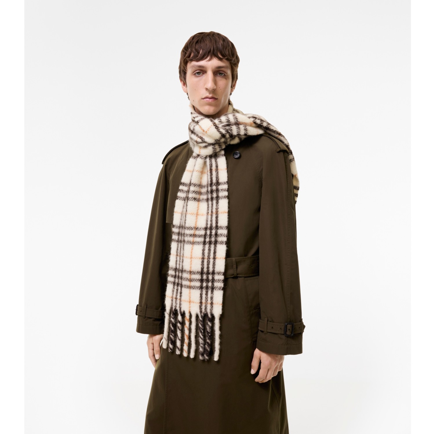 BURBERRY ナローチェックカシミアスカーフ　マフラー ナロー チェック アルパカウールブレンド スカーフ (ペブルグレー