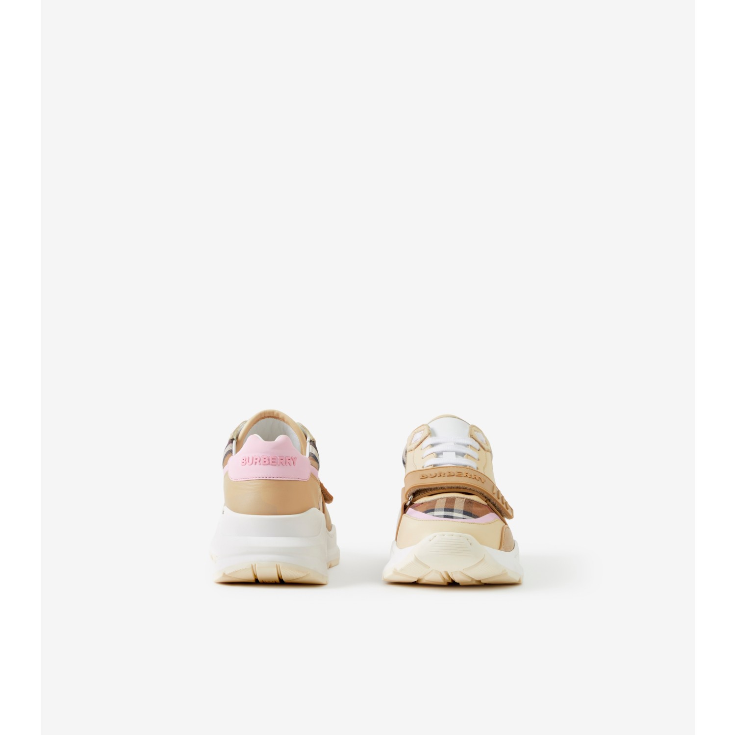 Check Cotton and Leather Sneakers in Birch Brown/pink - Women | Burberry® Official