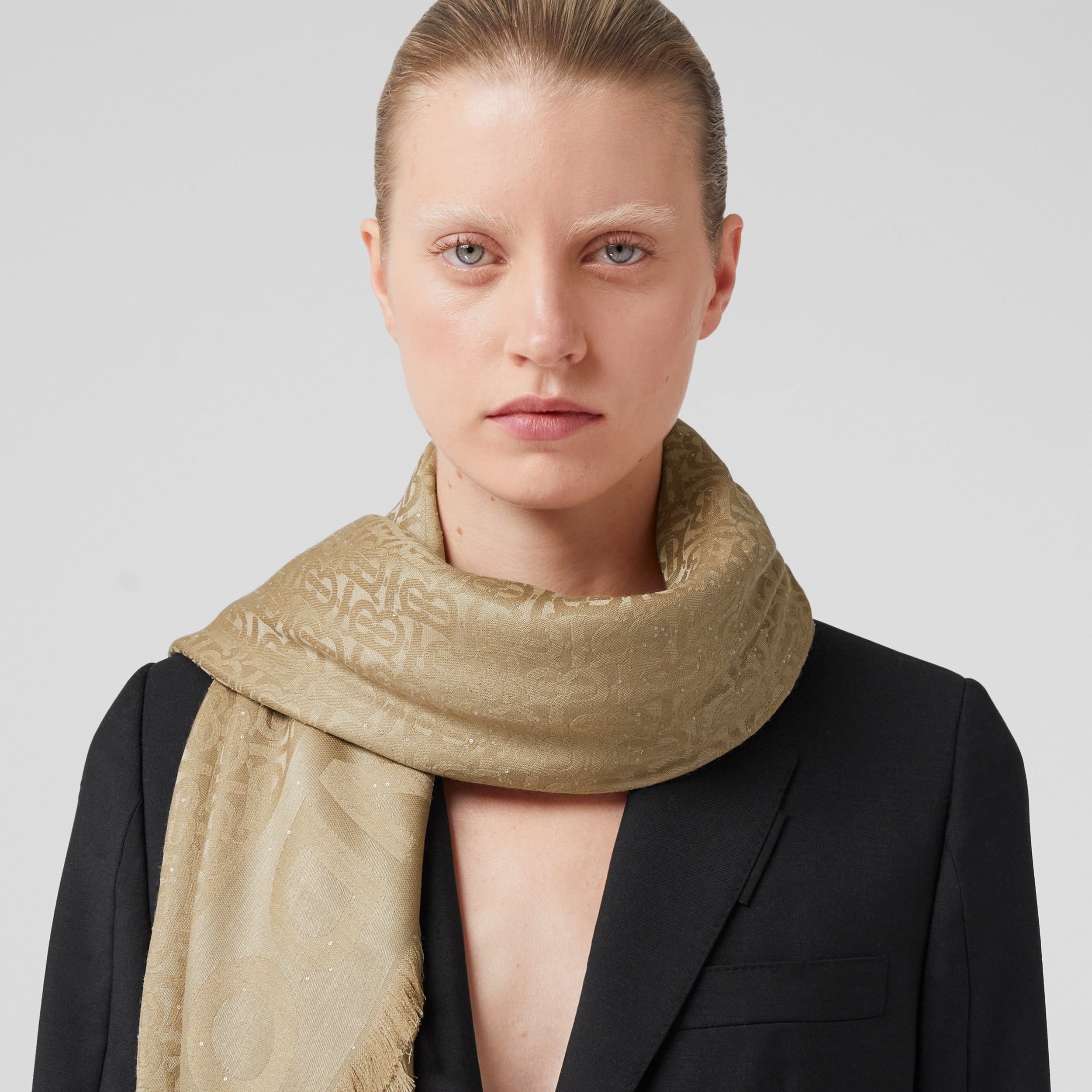 Sequinned Monogram Silk Wool Large Square Scarf in Archive Beige | Burberry® Official - 3