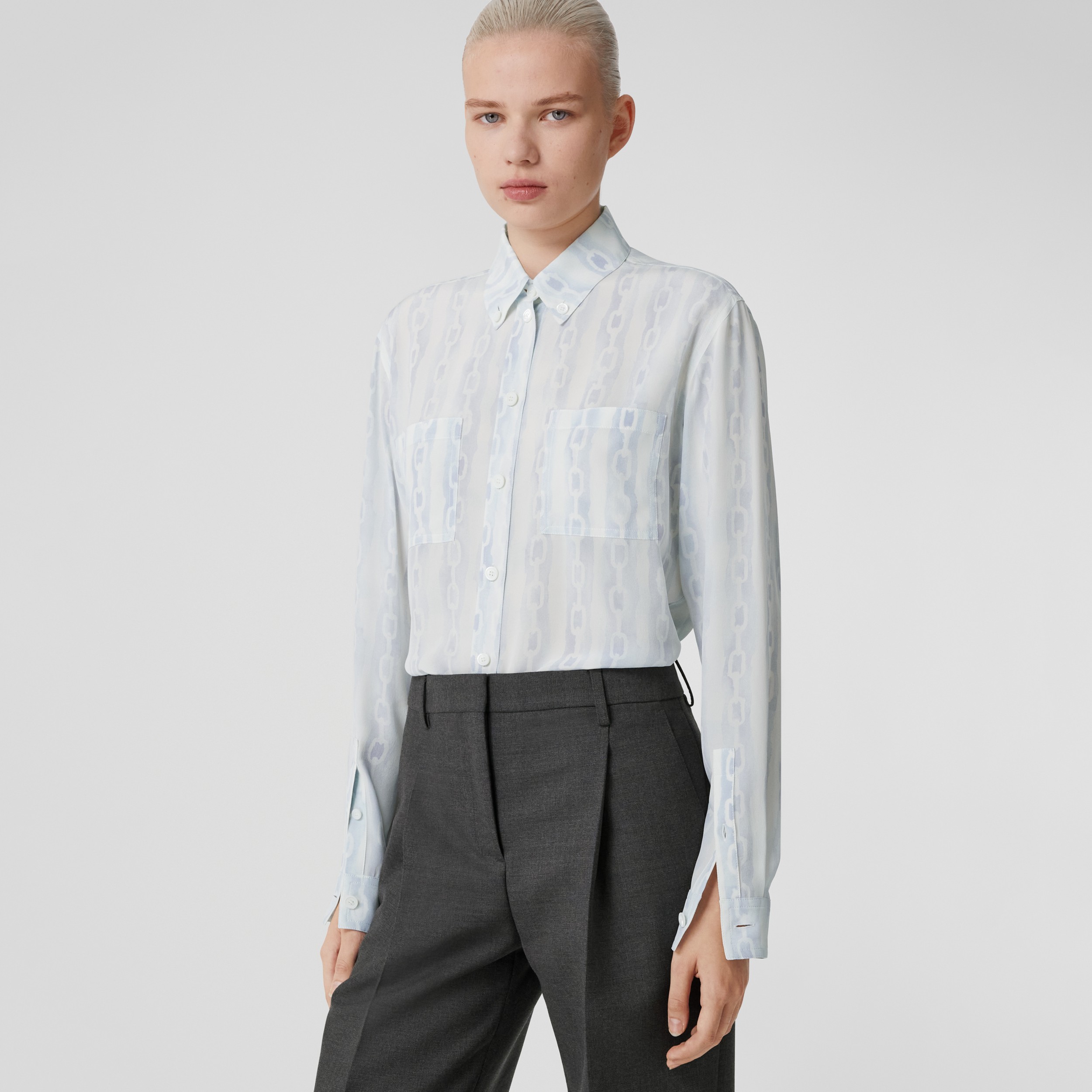 Oversize-Bluse aus Seide mit Button-down-Kragen und Kettenmuster (Weiß) - Damen | Burberry® - 4