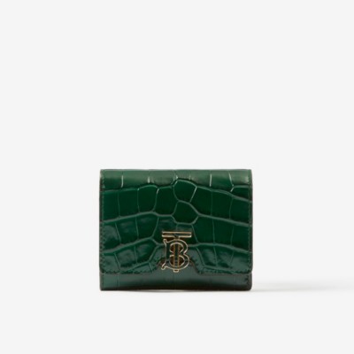 Embossed Leather TB Compact Wallet in Dark Viridian Green - Women