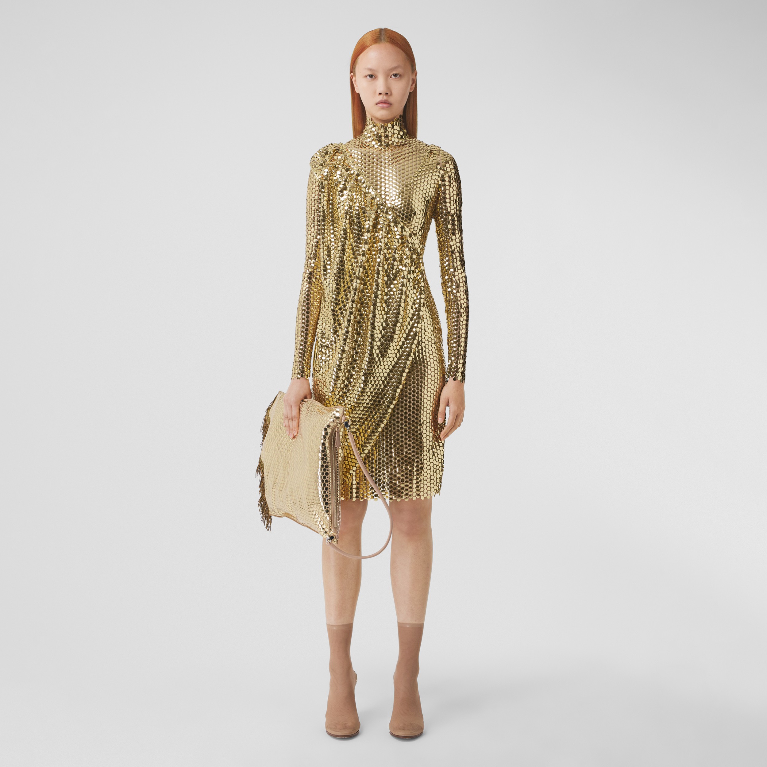 Metallic Paillette-embellished Mesh Asymmetric Dress in Gold - Women | Burberry® Official - 1