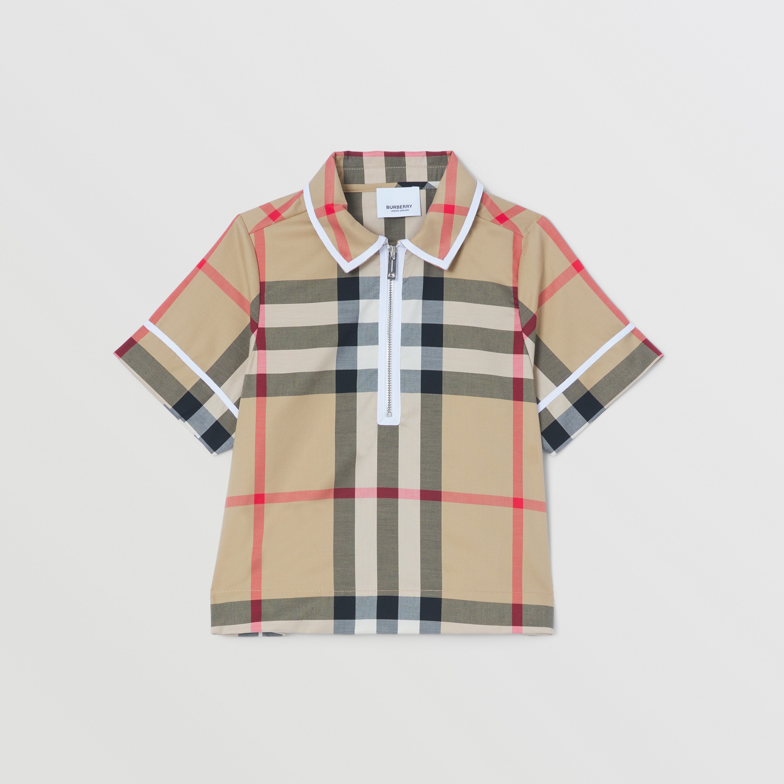 Exaggerated Check Cotton Zip-front Polo Shirt in Archive Beige | Burberry® Official - 1