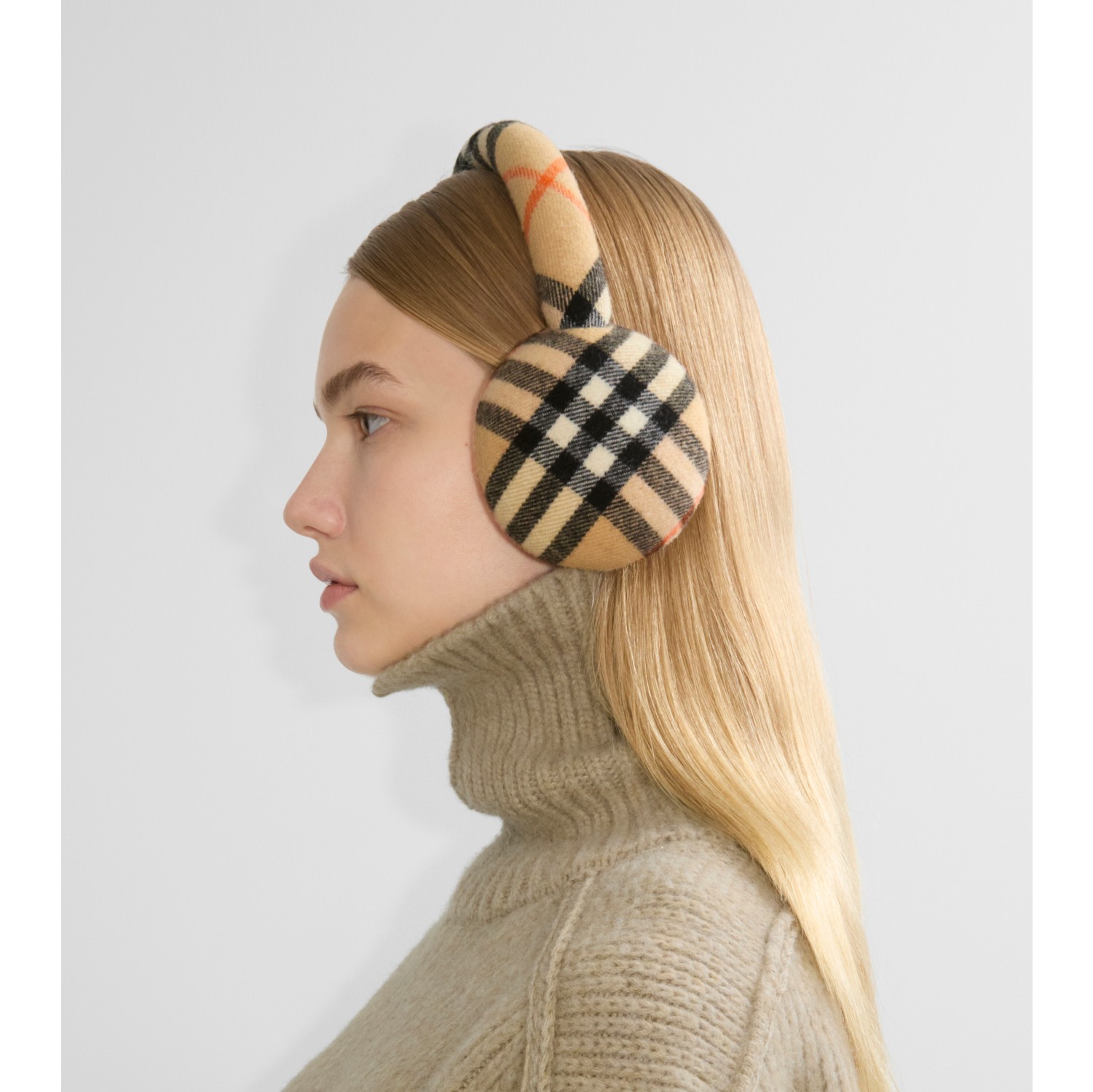 Check Wool Earmuffs in Sand Burberry Official