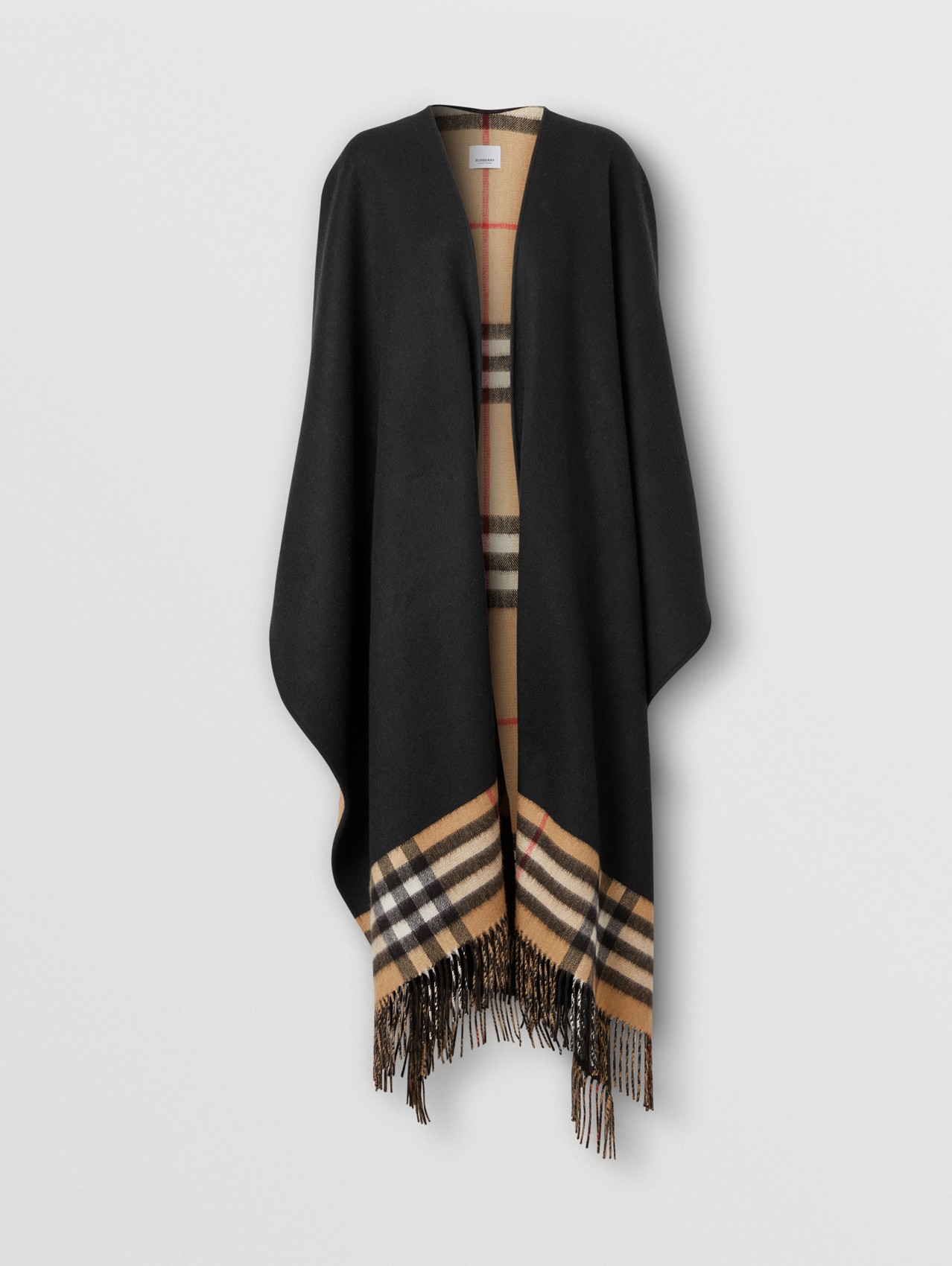 Reversible Check Wool Cashmere Cape in Black