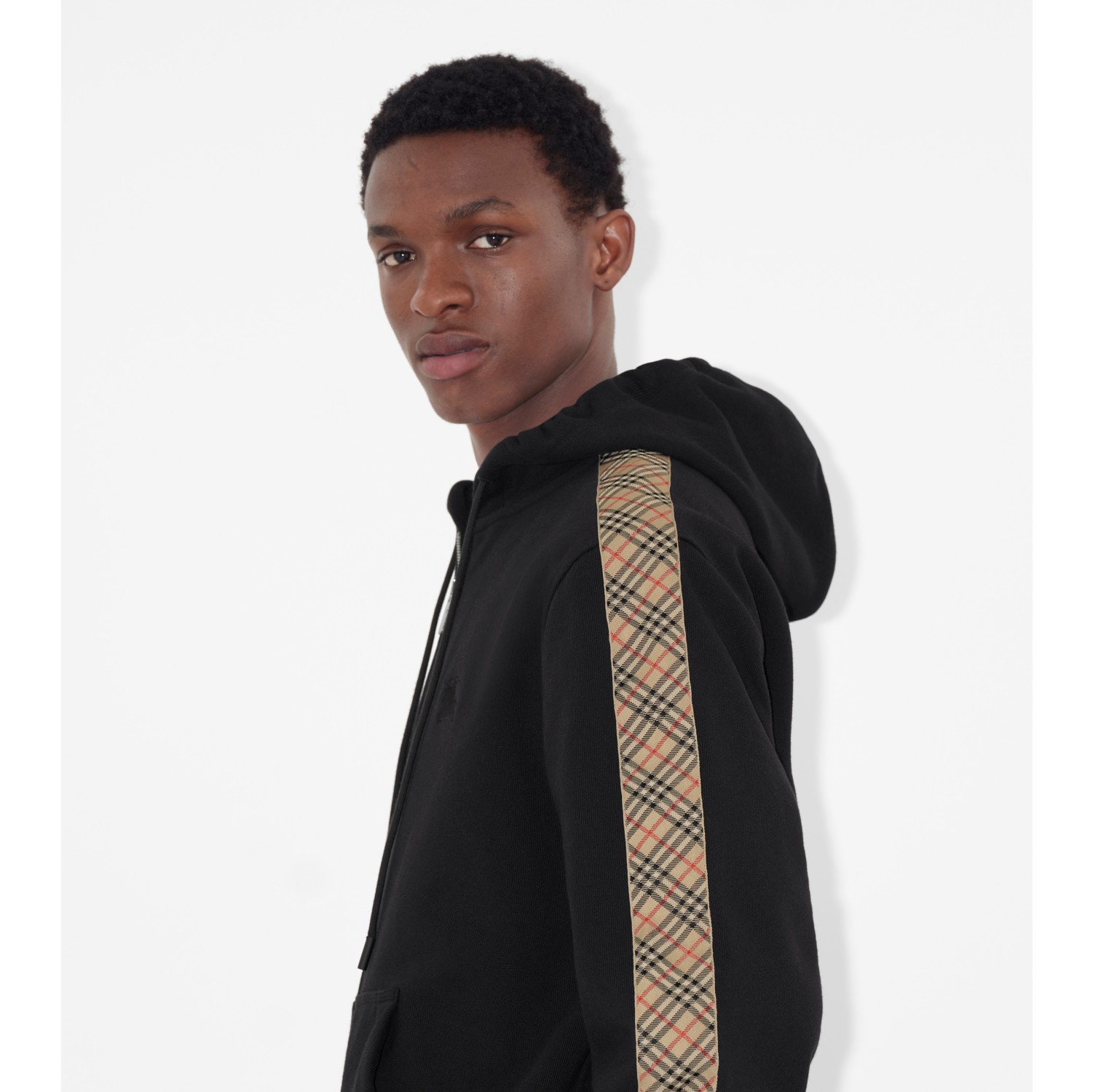 Check Trim Cotton Zip Hoodie