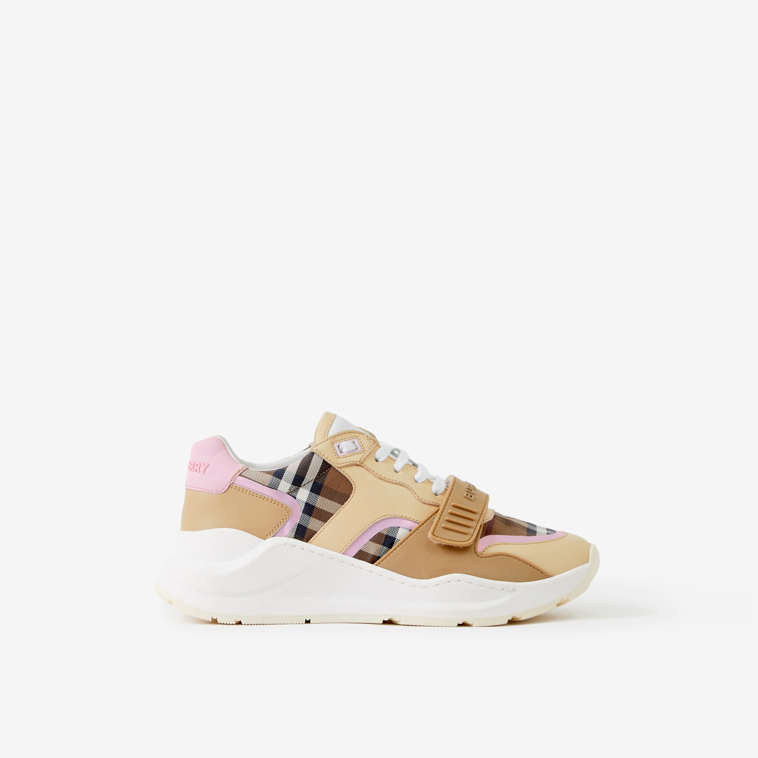 Check Cotton and Leather Sneakers in Birch Brown/pink - Women | Burberry® Official - 1