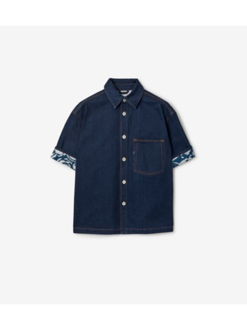 Burberry Rose Print-detail Denim Shirt In Indigo Blue
