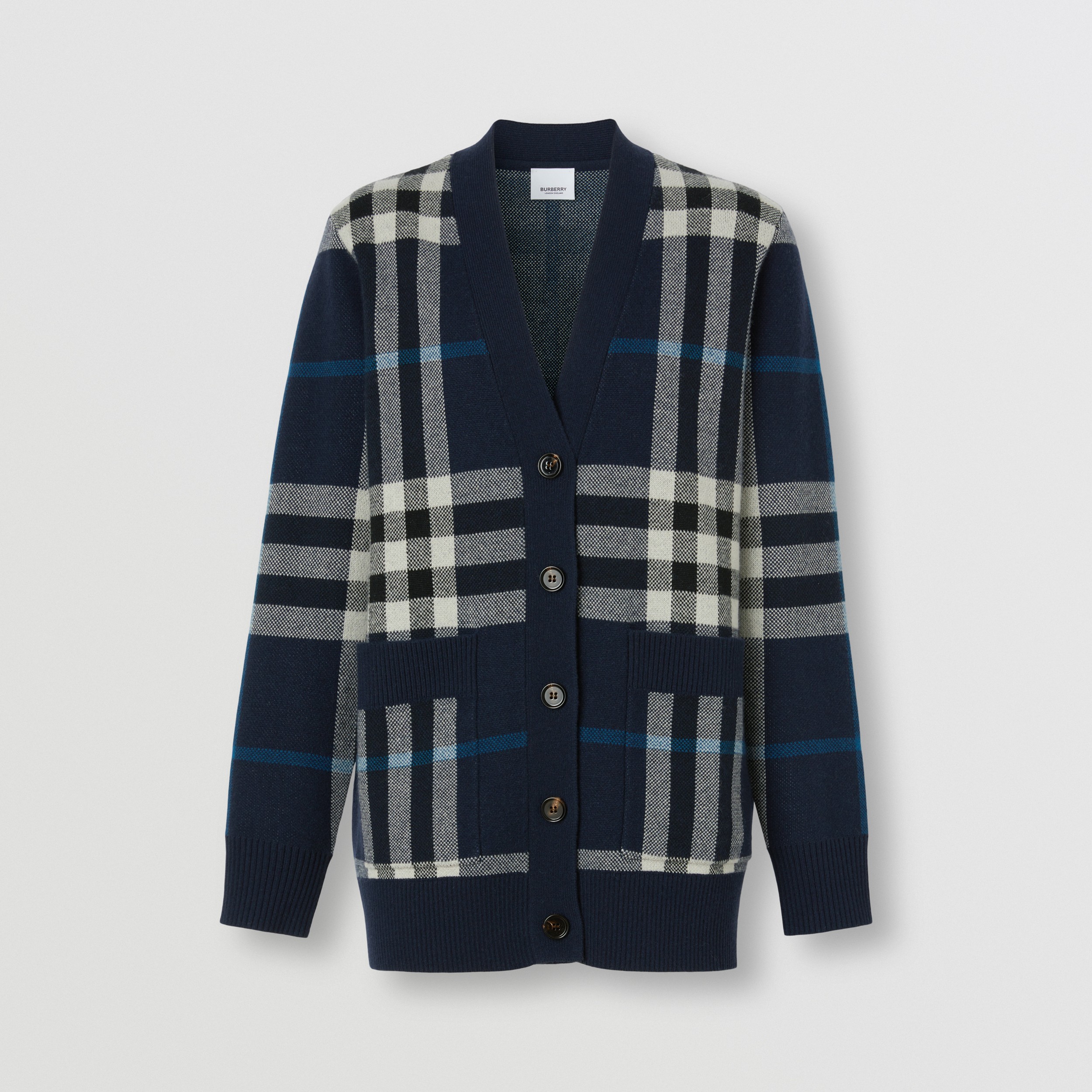 Cardigan oversize in lana e cashmere con motivo tartan in jacquard (Blu Carbone Scuro) - Donna | Sito ufficiale Burberry® - 4