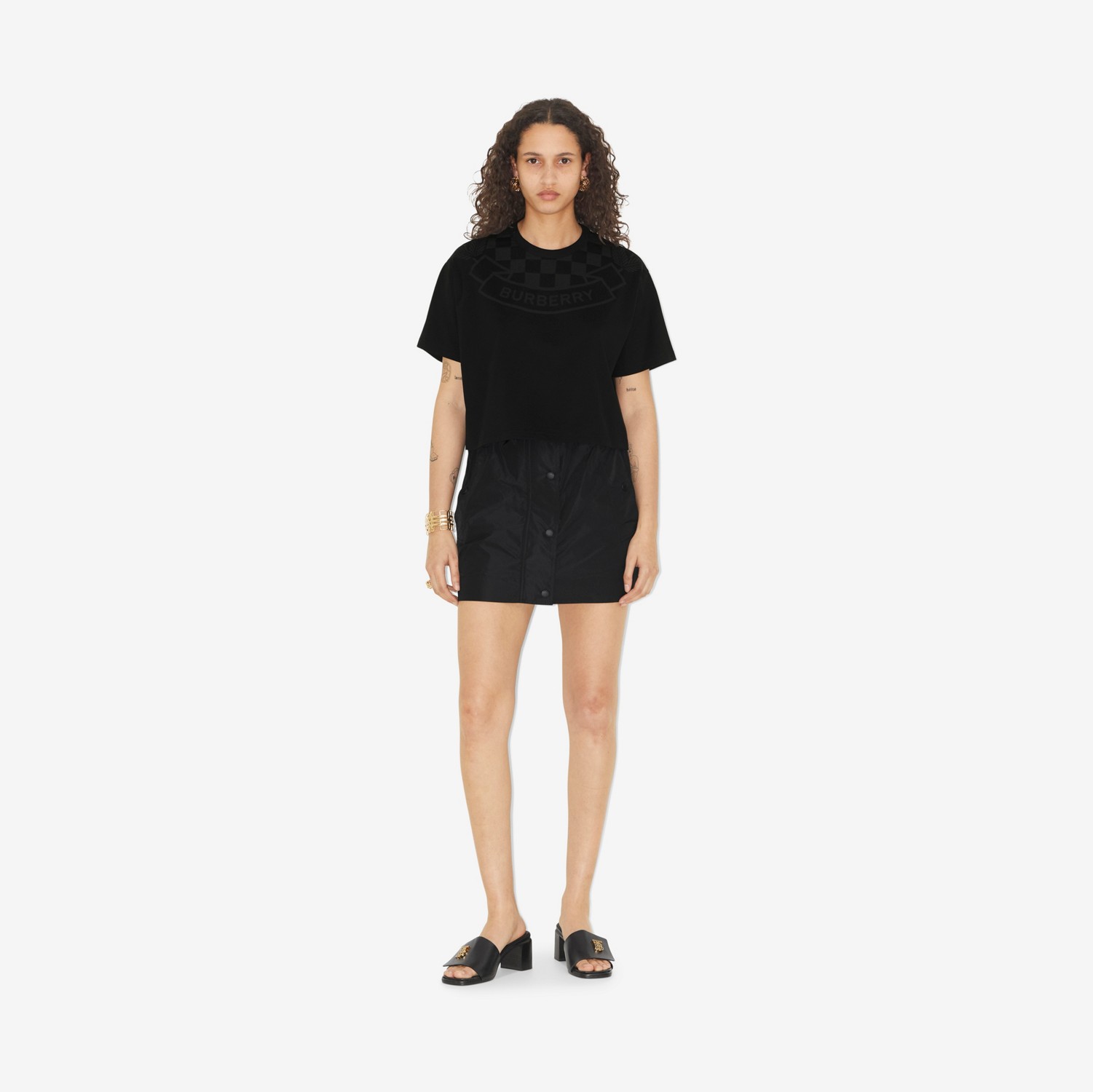 Chequered Crest Cotton Cropped T-shirt in Black - Women | Burberry® Official