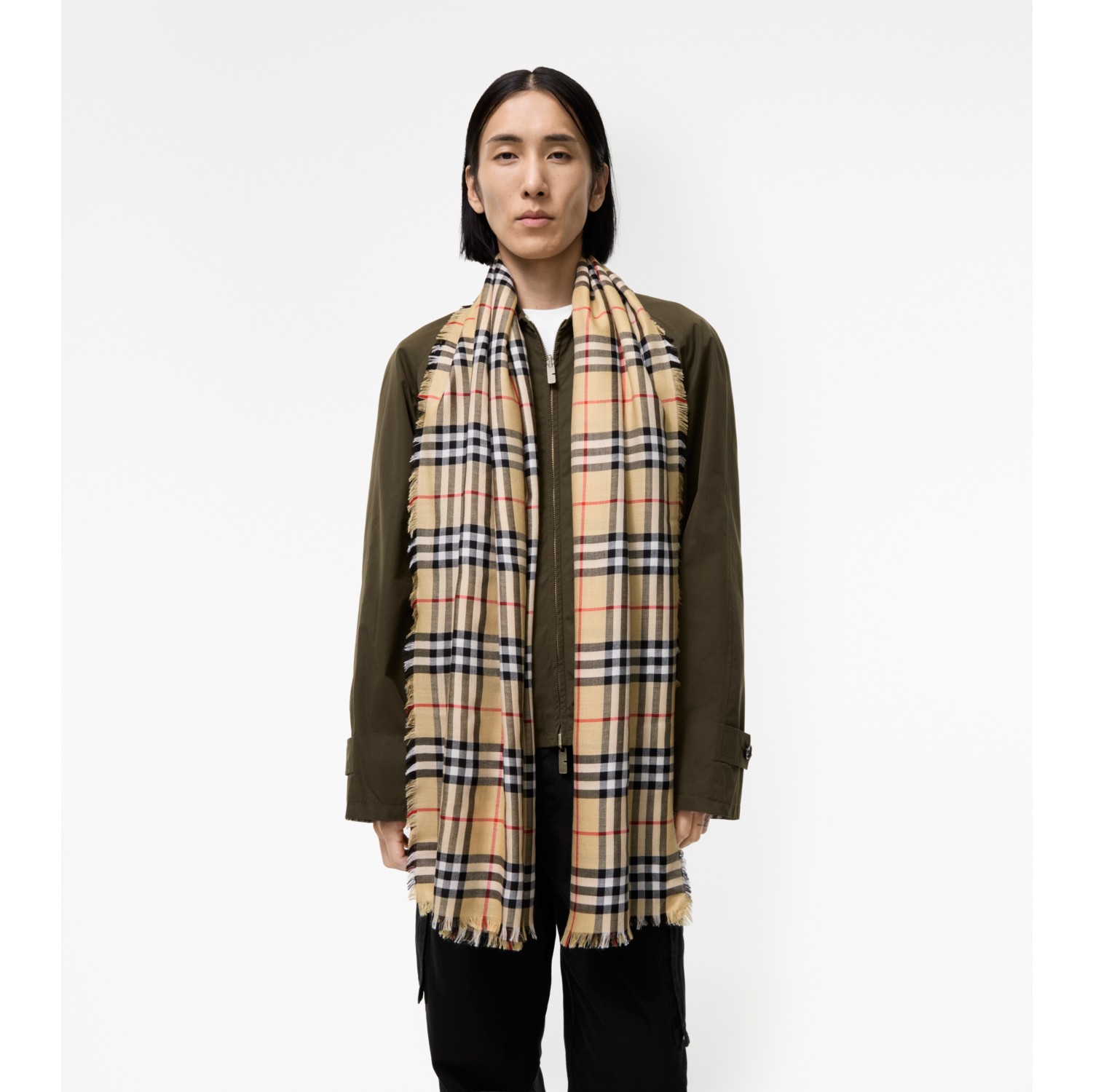 Check Cashmere Silk Scarf in Sand beige | Burberry® Official