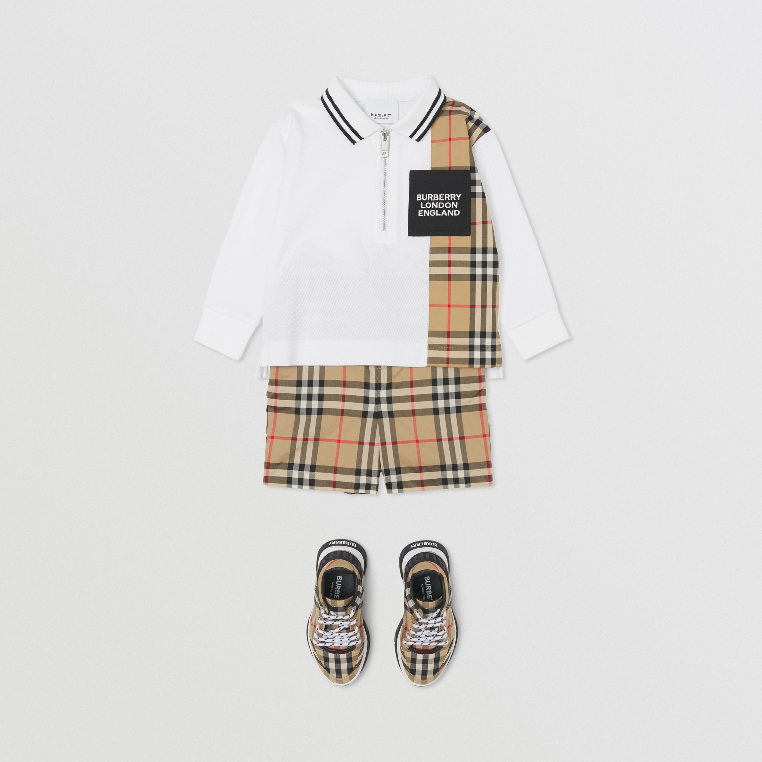 Long-sleeve Vintage Check Panel Cotton Polo Shirt in White - Children | Burberry® Official - 3