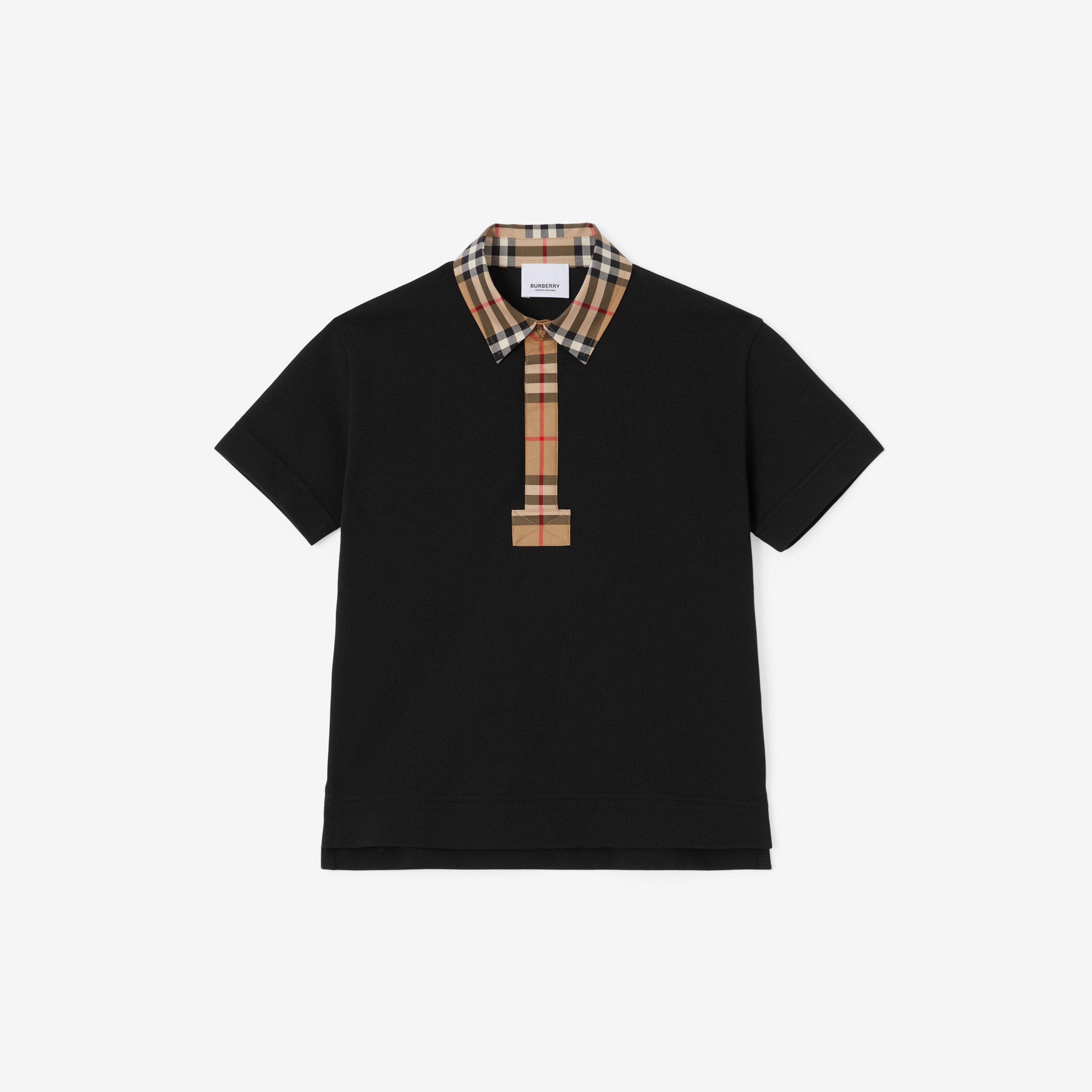 Vintage Check Trim Cotton Piqué Polo Shirt in Black | Burberry® Official - 1