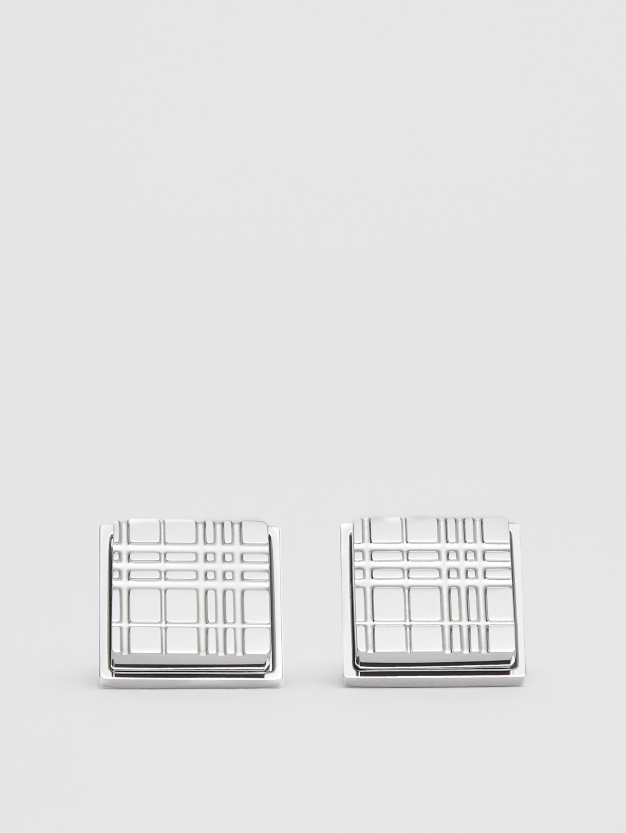 Palladium-plated Check-engraved Square Cufflinks in Silver