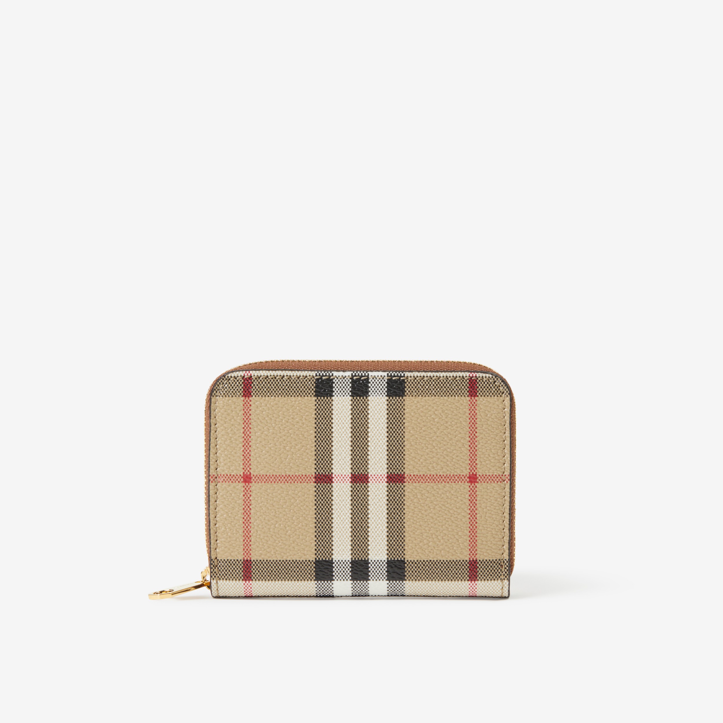 Check and Leather Zip Wallet in Archive Beige/briar Brown Women
